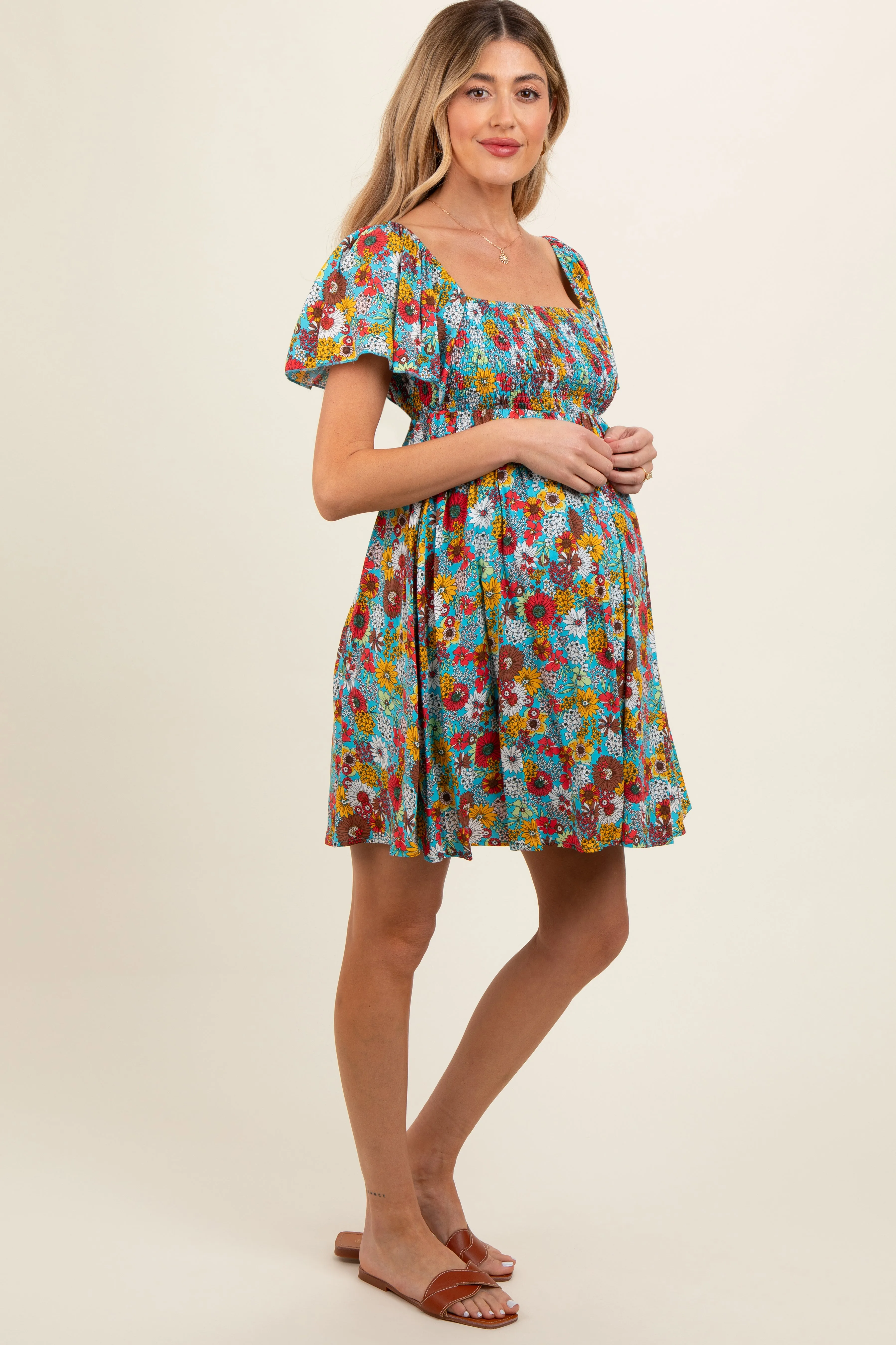 Light Blue Floral Smocked Flutter Sleeve Back Tie Maternity Dress sold by Pinkblush product image thumbnail 3