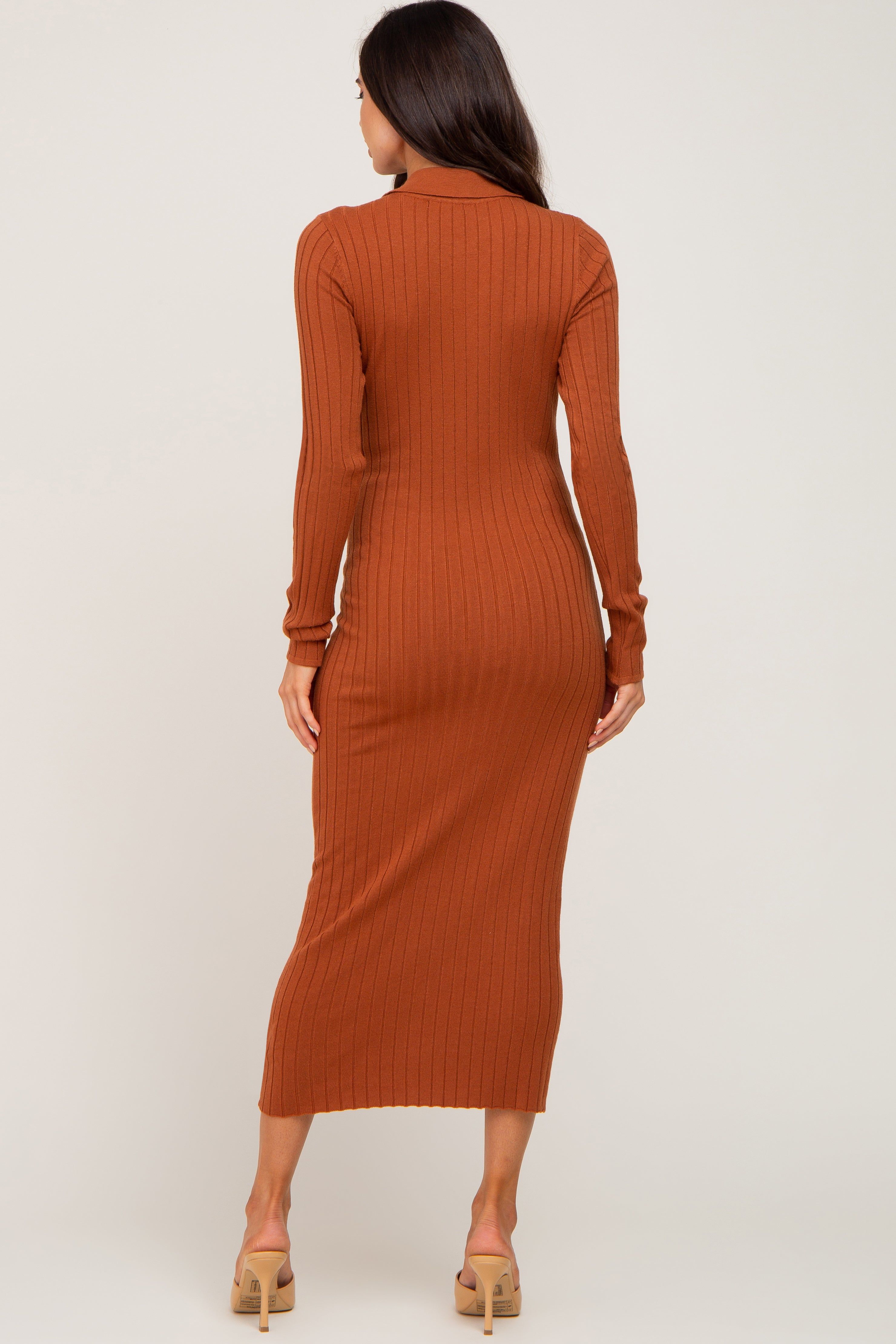 Rust Ribbed Knit Long Sleeve Collared Maternity Midi Dress sold by Pinkblush product image thumbnail 3
