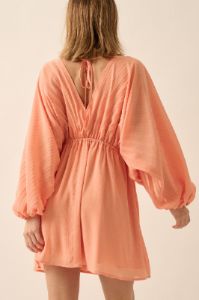 Apricot Solid Deep V Neck Chiffon Bishop Sleeve Mini Dress sold by Pinkblush