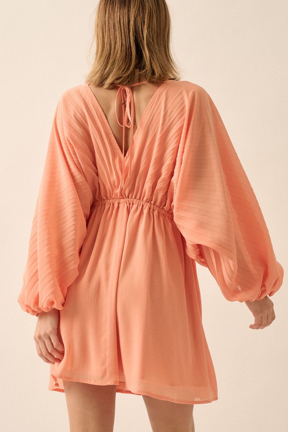 Apricot Solid Deep V Neck Chiffon Bishop Sleeve Mini Dress sold by Pinkblush product image thumbnail 3