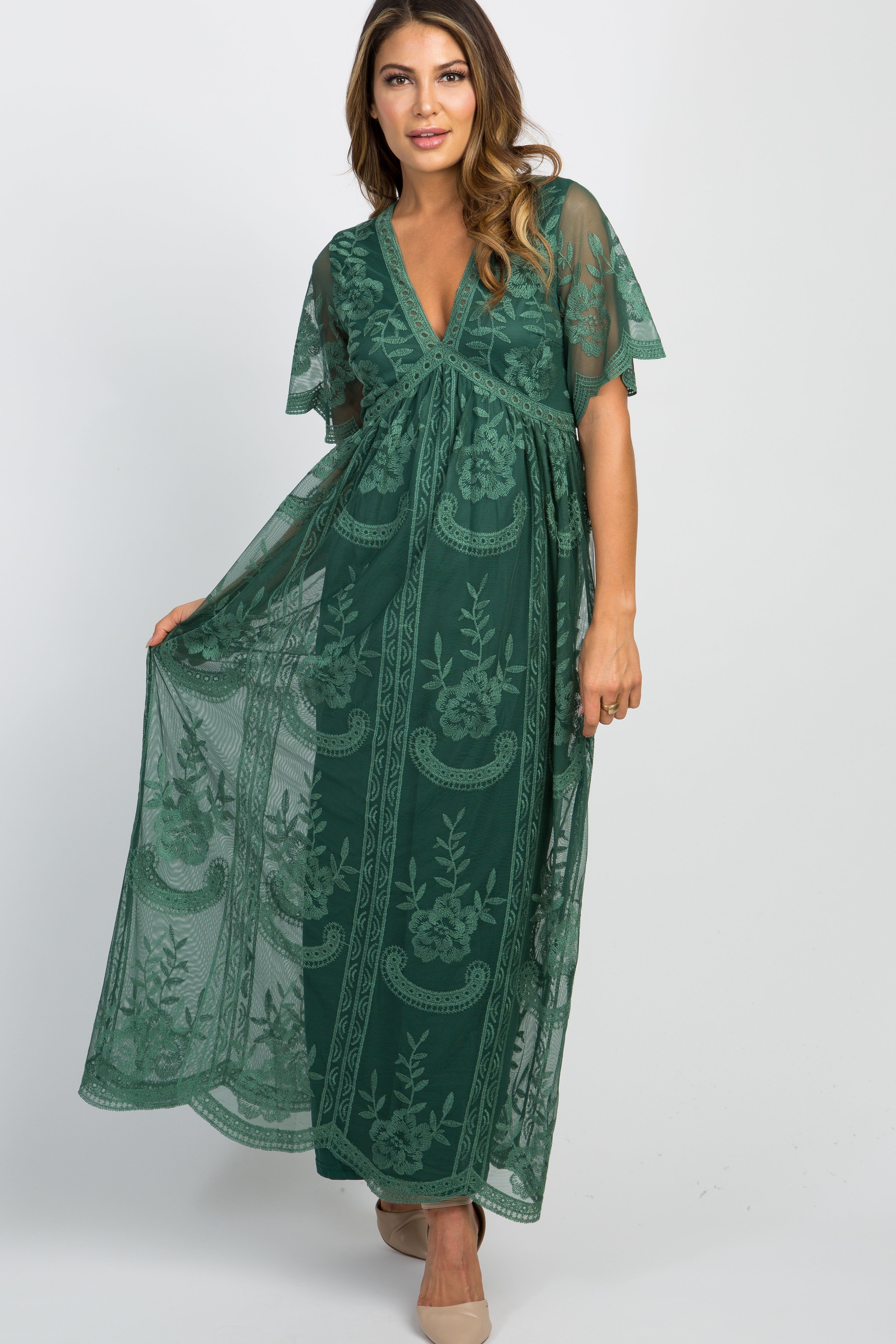 Teal Green Lace Mesh Overlay Maxi Dress sold by Pinkblush