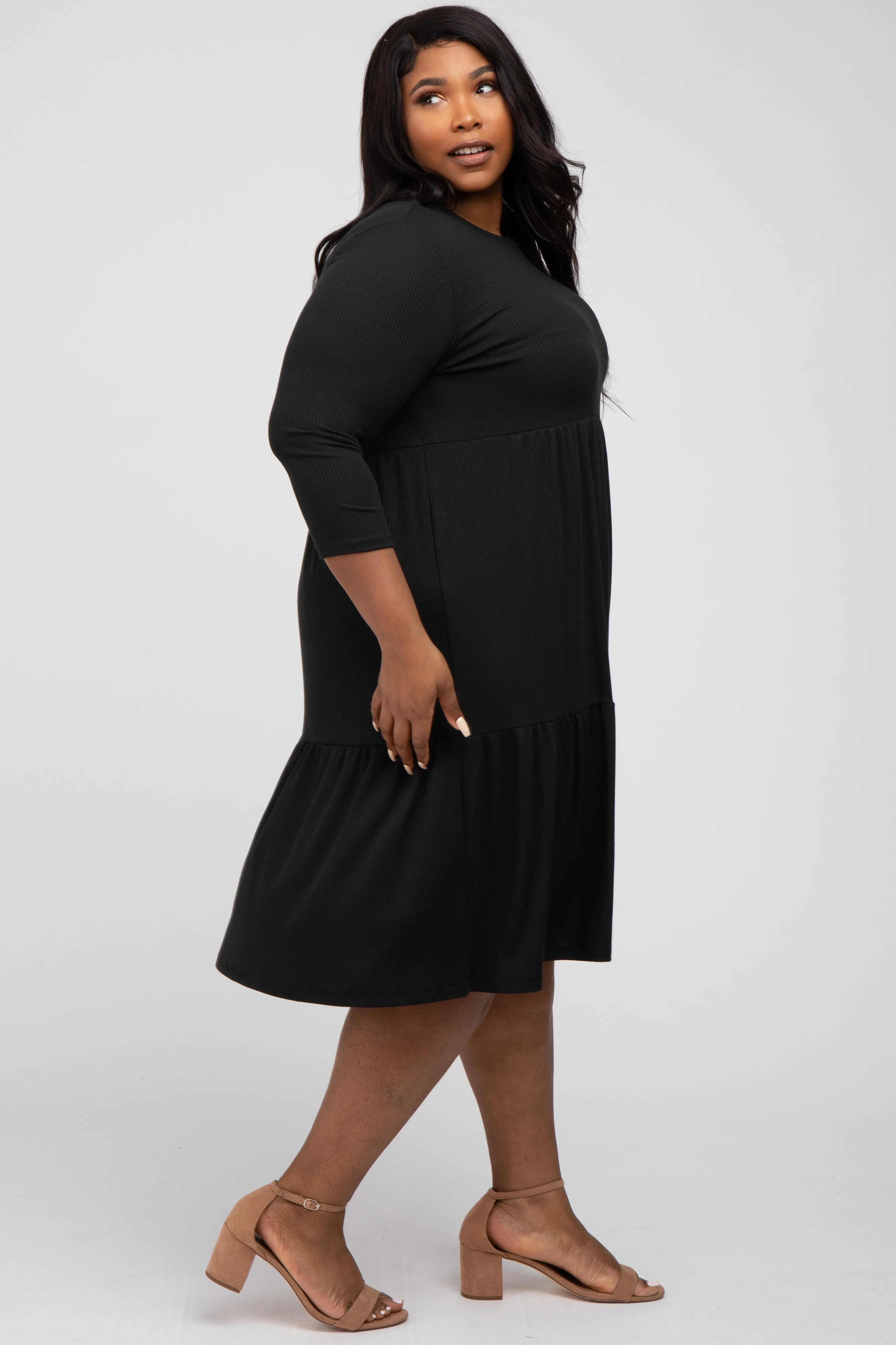Black Tiered Ribbed 3/4 Sleeve Plus Midi Dress sold by Pinkblush product image thumbnail 2