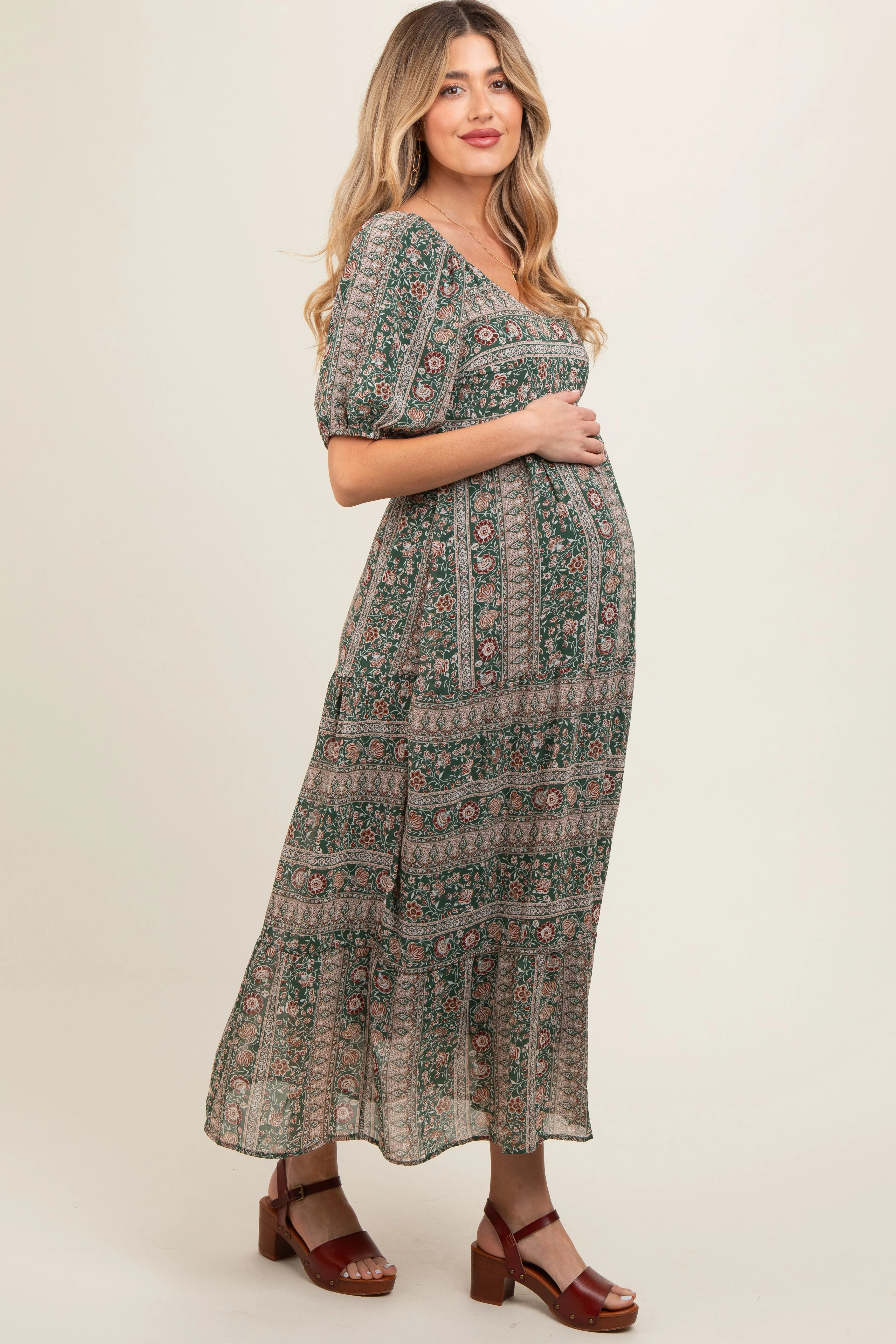 Forest Green V-Neck 3/4 Sleeve Maternity Maxi Dress sold by Pinkblush product image thumbnail 2