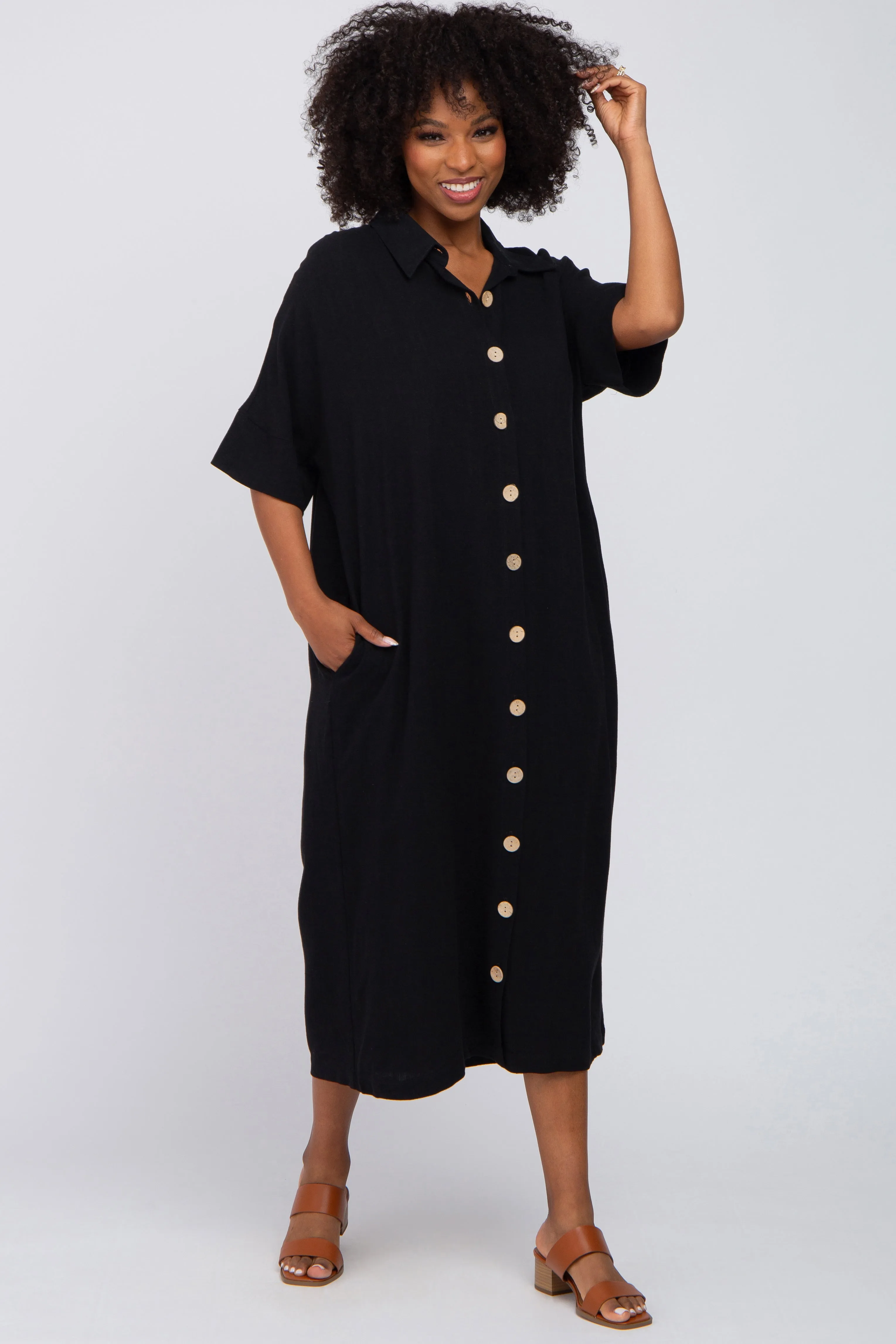 Black Oversized Button Down Maternity Midi Dress sold by Pinkblush product image thumbnail 4