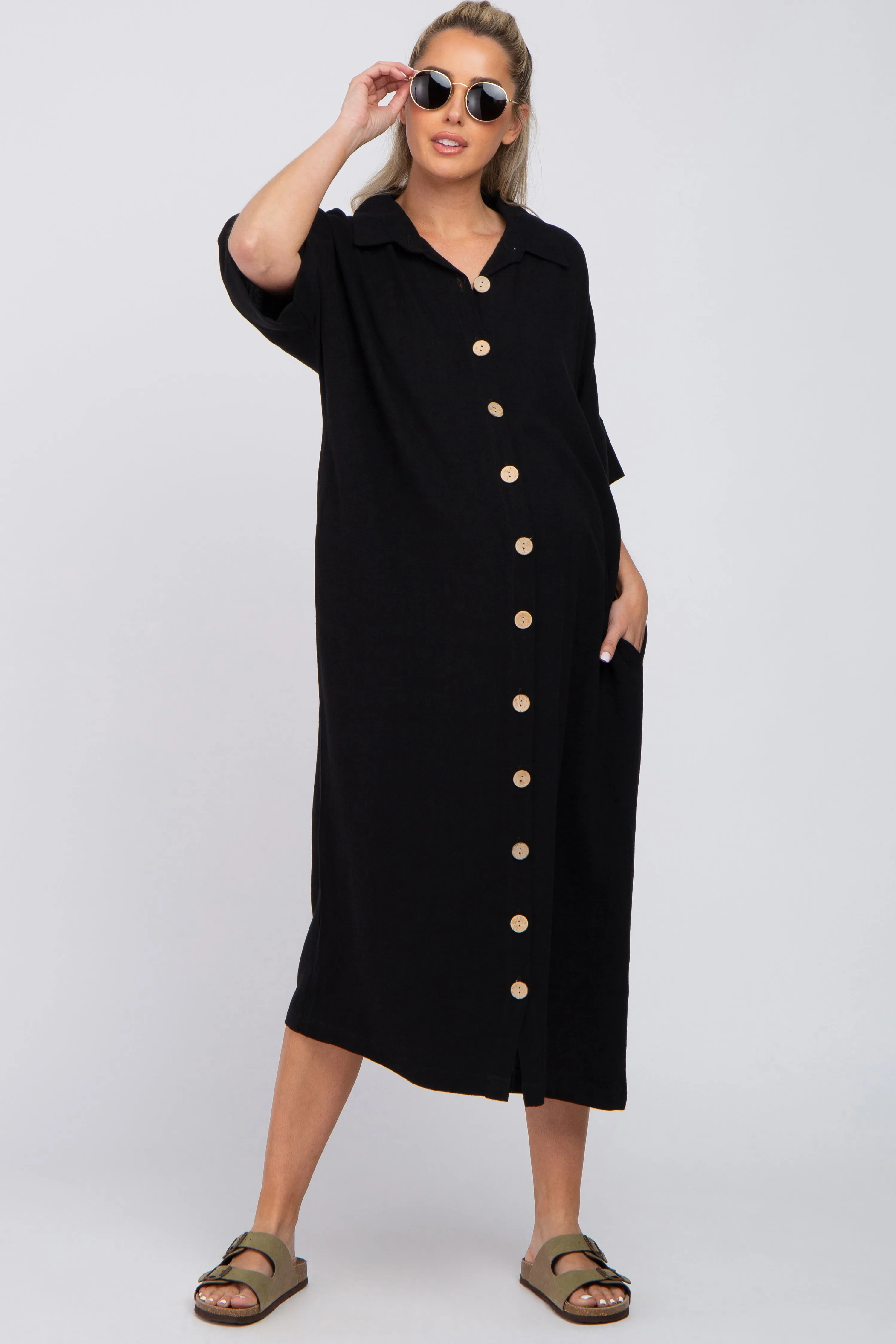 Black Oversized Button Down Maternity Midi Dress sold by Pinkblush