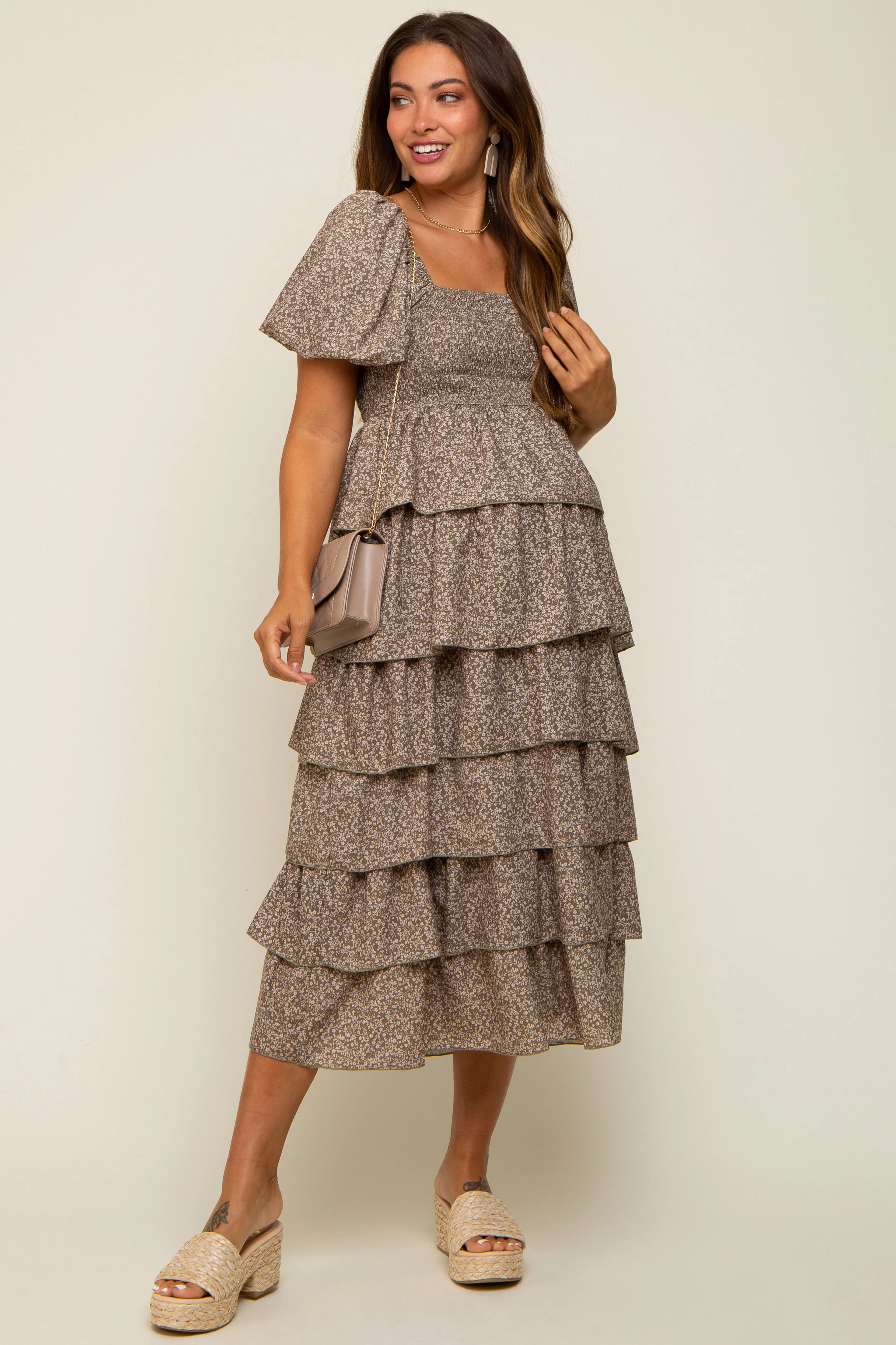 Olive Floral Flounce Tiered Maternity Midi Dress sold by Pinkblush product image thumbnail 2