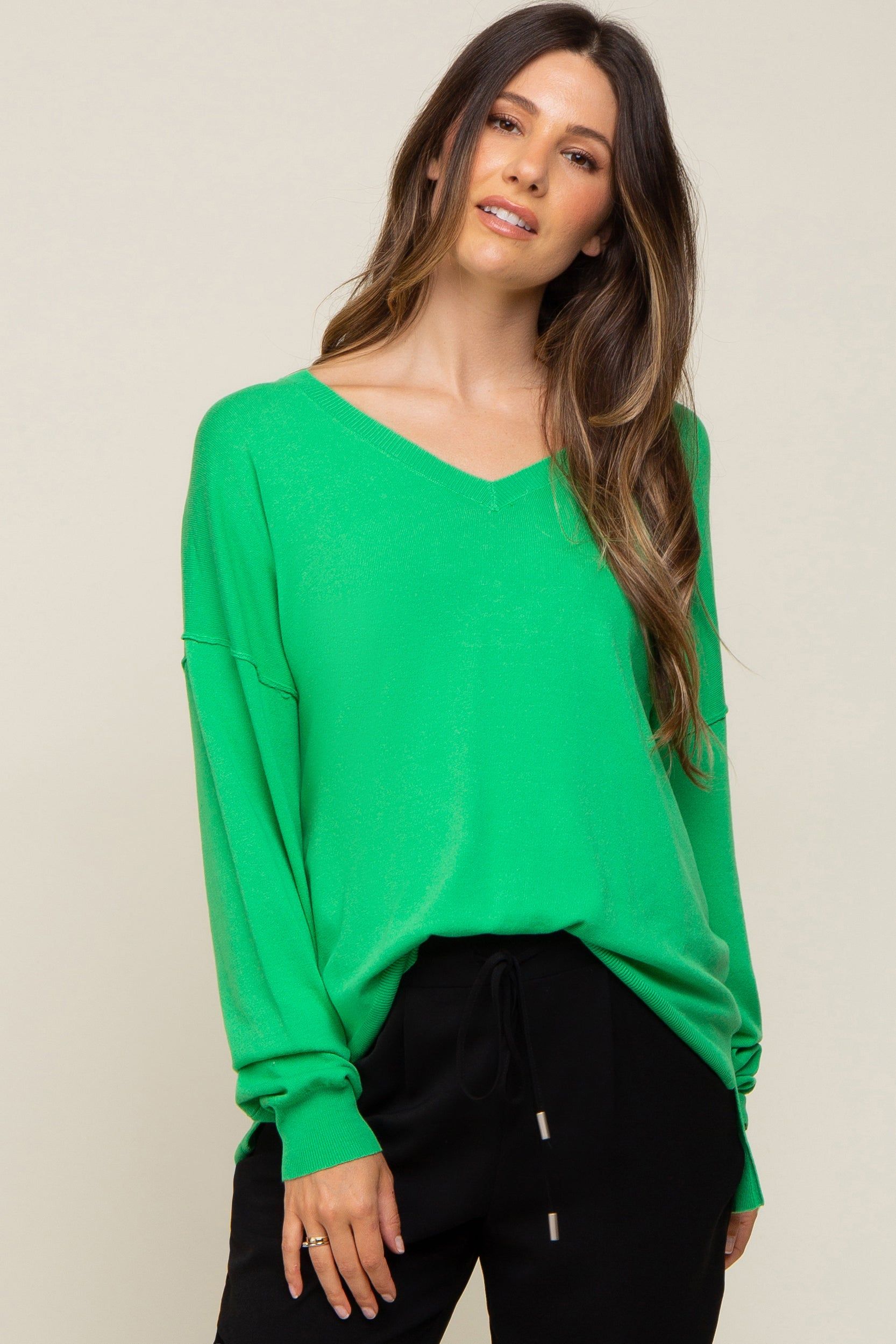 Green Knit V-Neck Long Sleeve Maternity Top sold by Pinkblush product image thumbnail 2