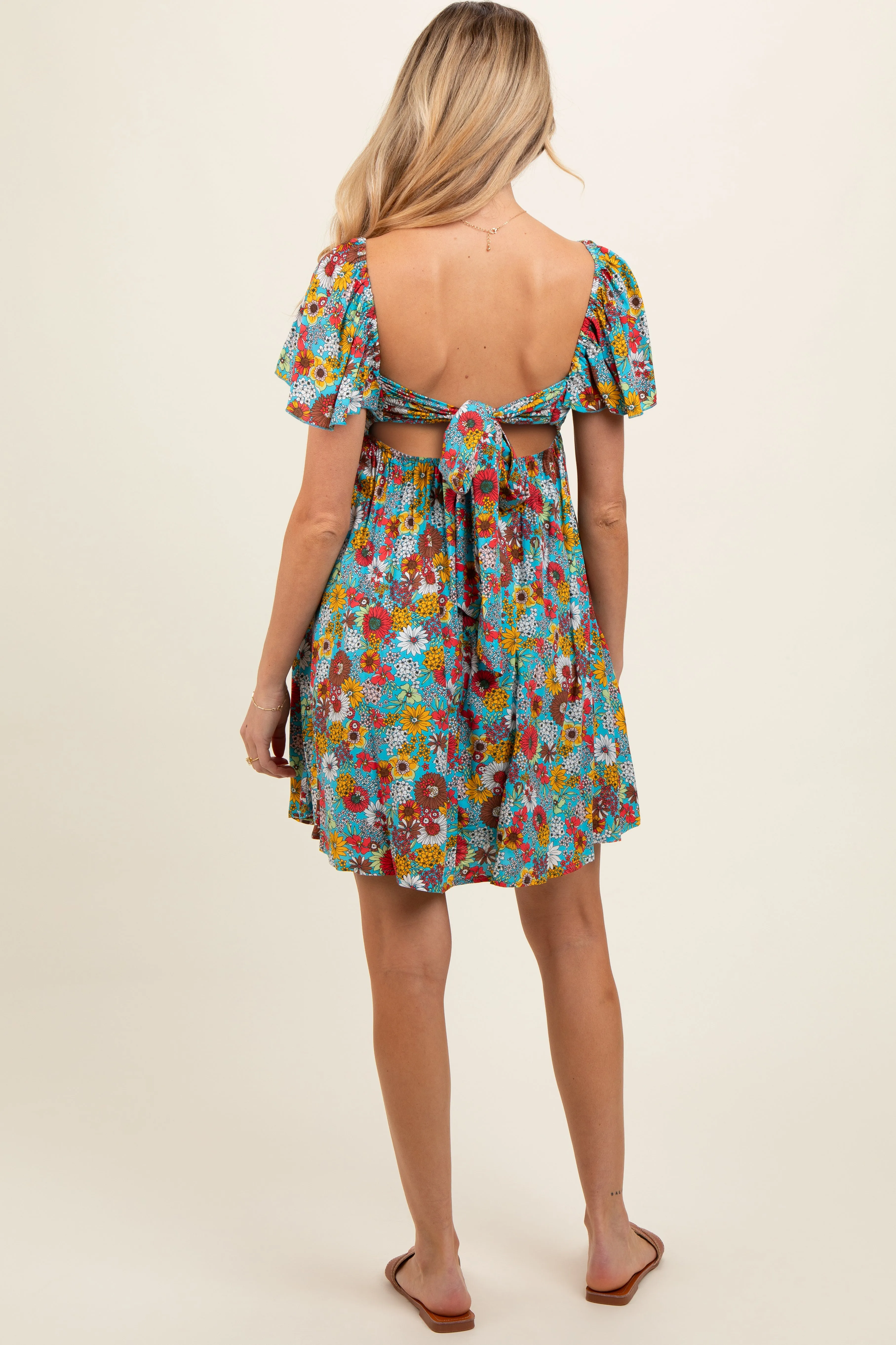 Light Blue Floral Smocked Flutter Sleeve Back Tie Maternity Dress sold by Pinkblush product image thumbnail 4