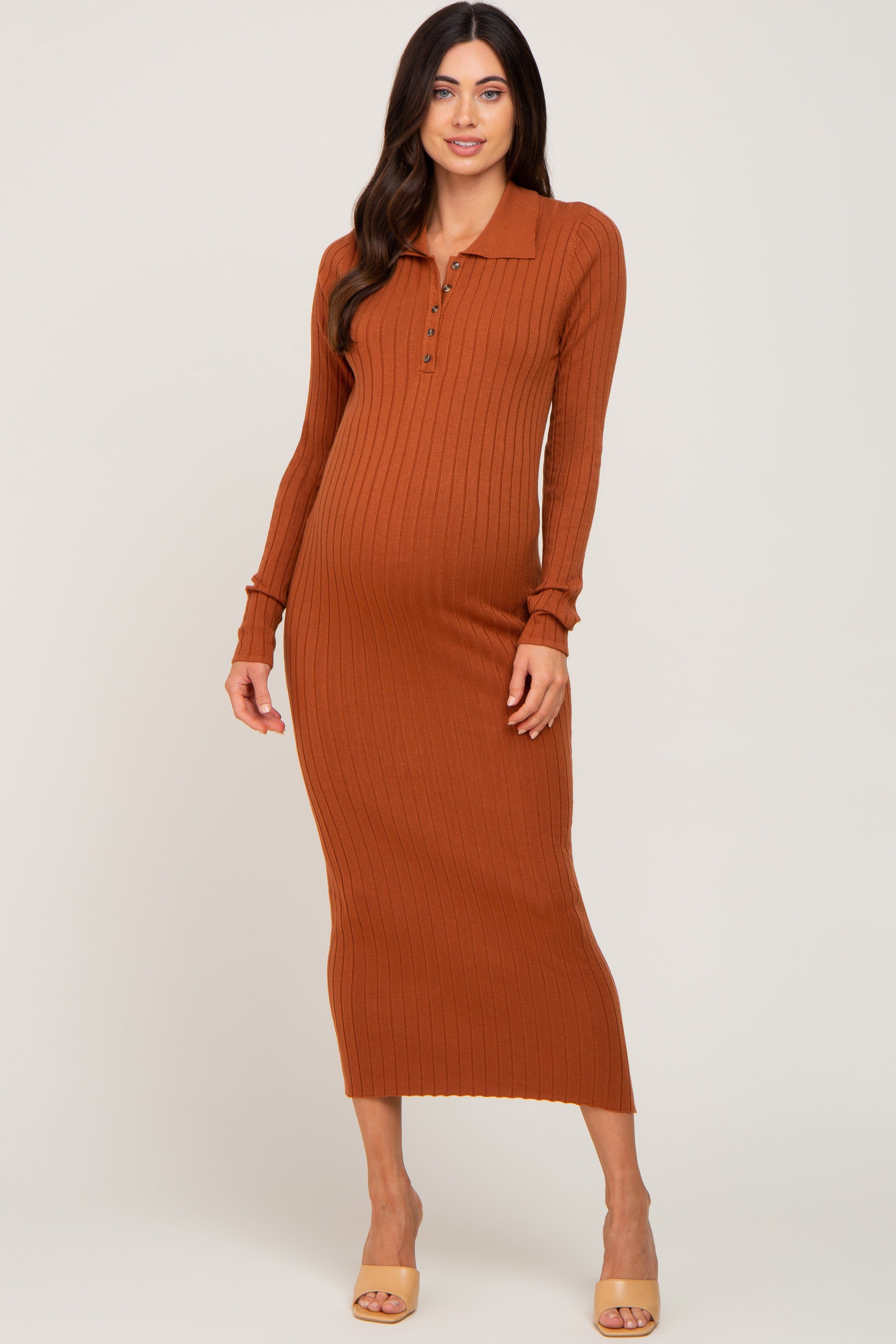 Rust Ribbed Knit Long Sleeve Collared Maternity Midi Dress sold by Pinkblush product image thumbnail 4