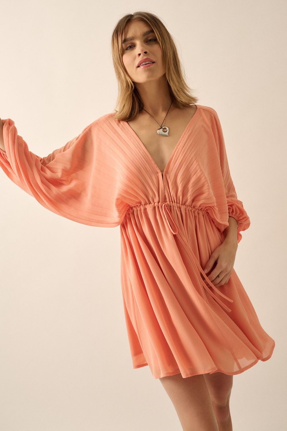 Apricot Solid Deep V Neck Chiffon Bishop Sleeve Mini Dress sold by Pinkblush