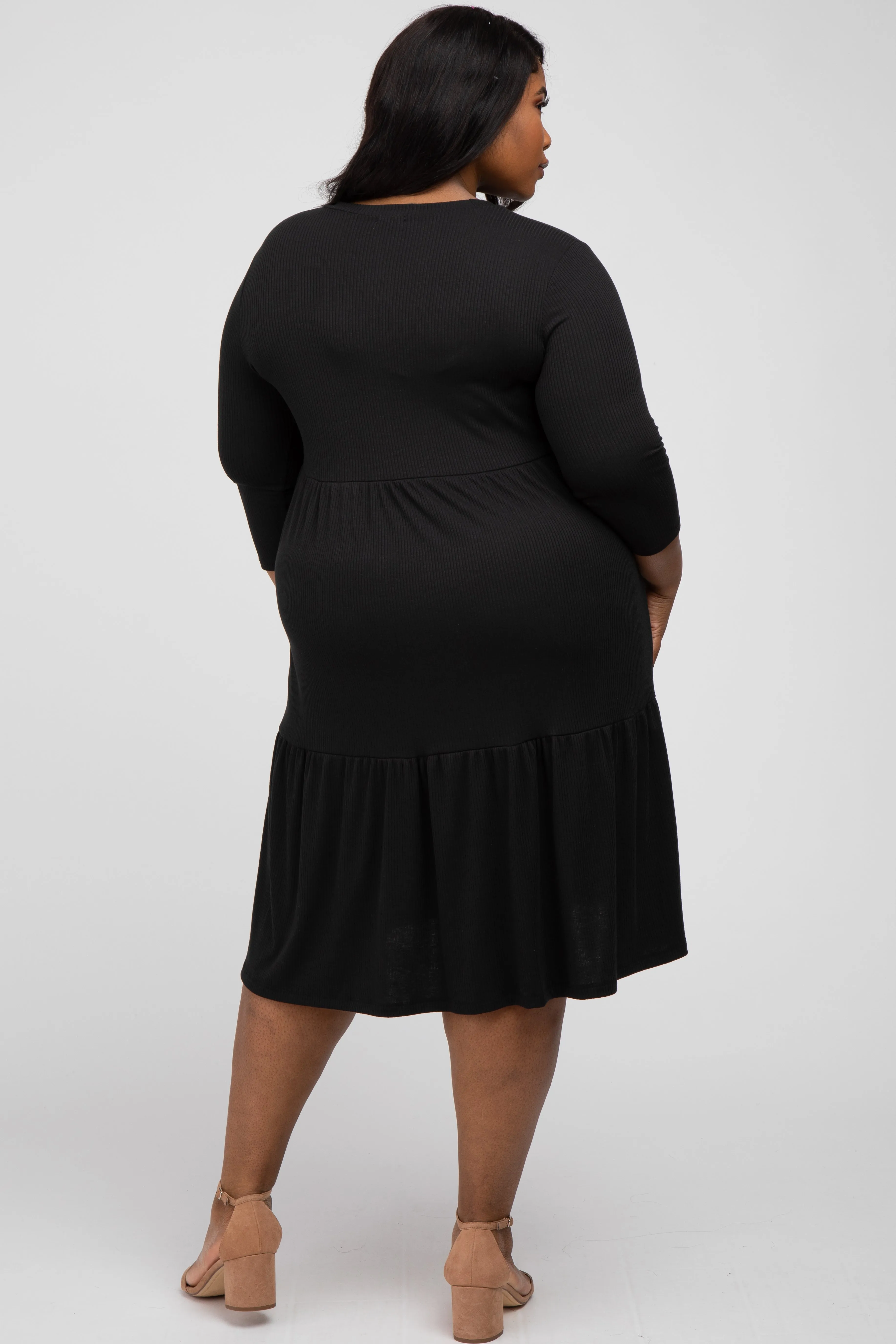 Black Tiered Ribbed 3/4 Sleeve Plus Midi Dress sold by Pinkblush product image thumbnail 3