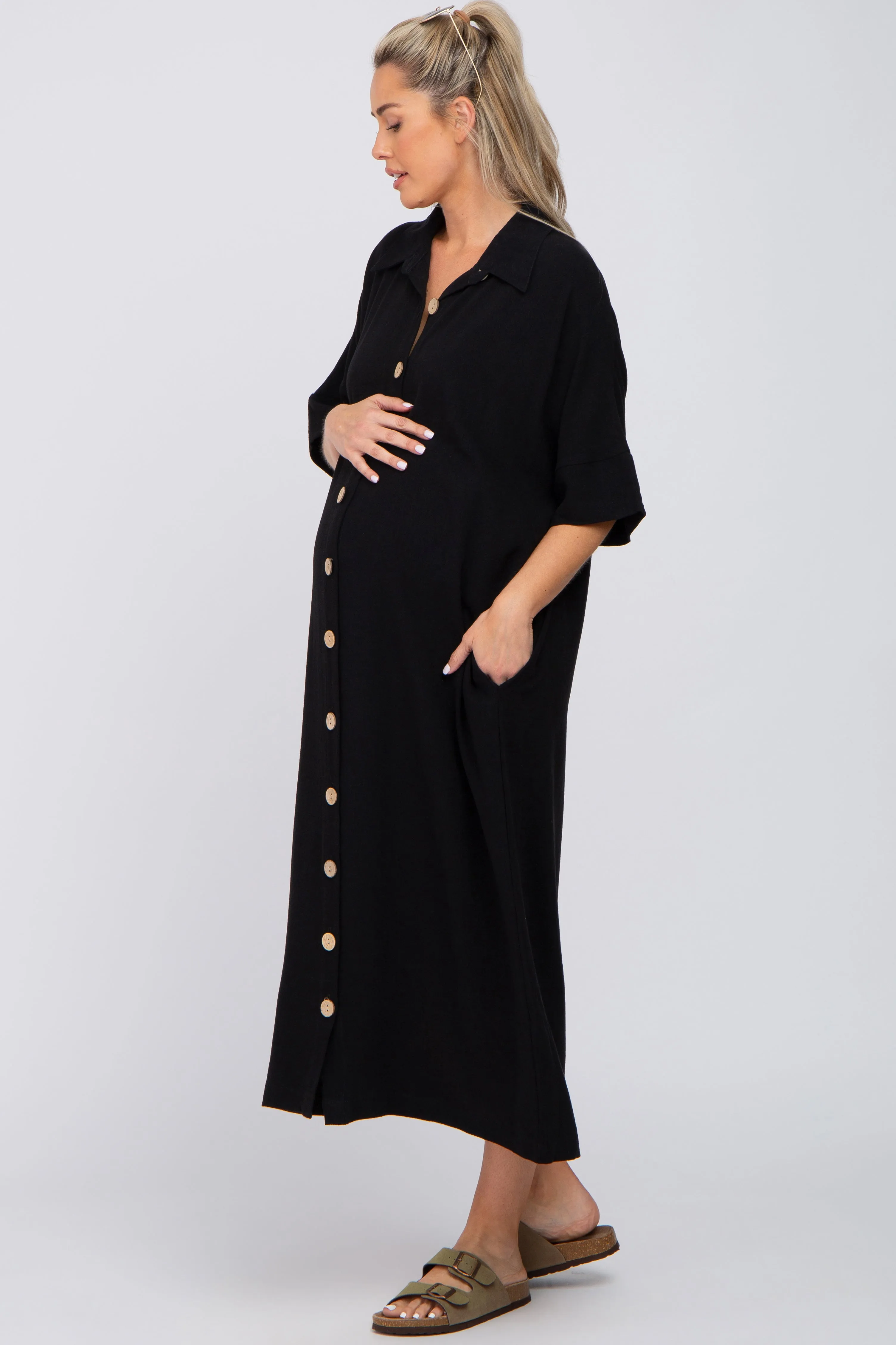Black Oversized Button Down Maternity Midi Dress sold by Pinkblush product image thumbnail 2