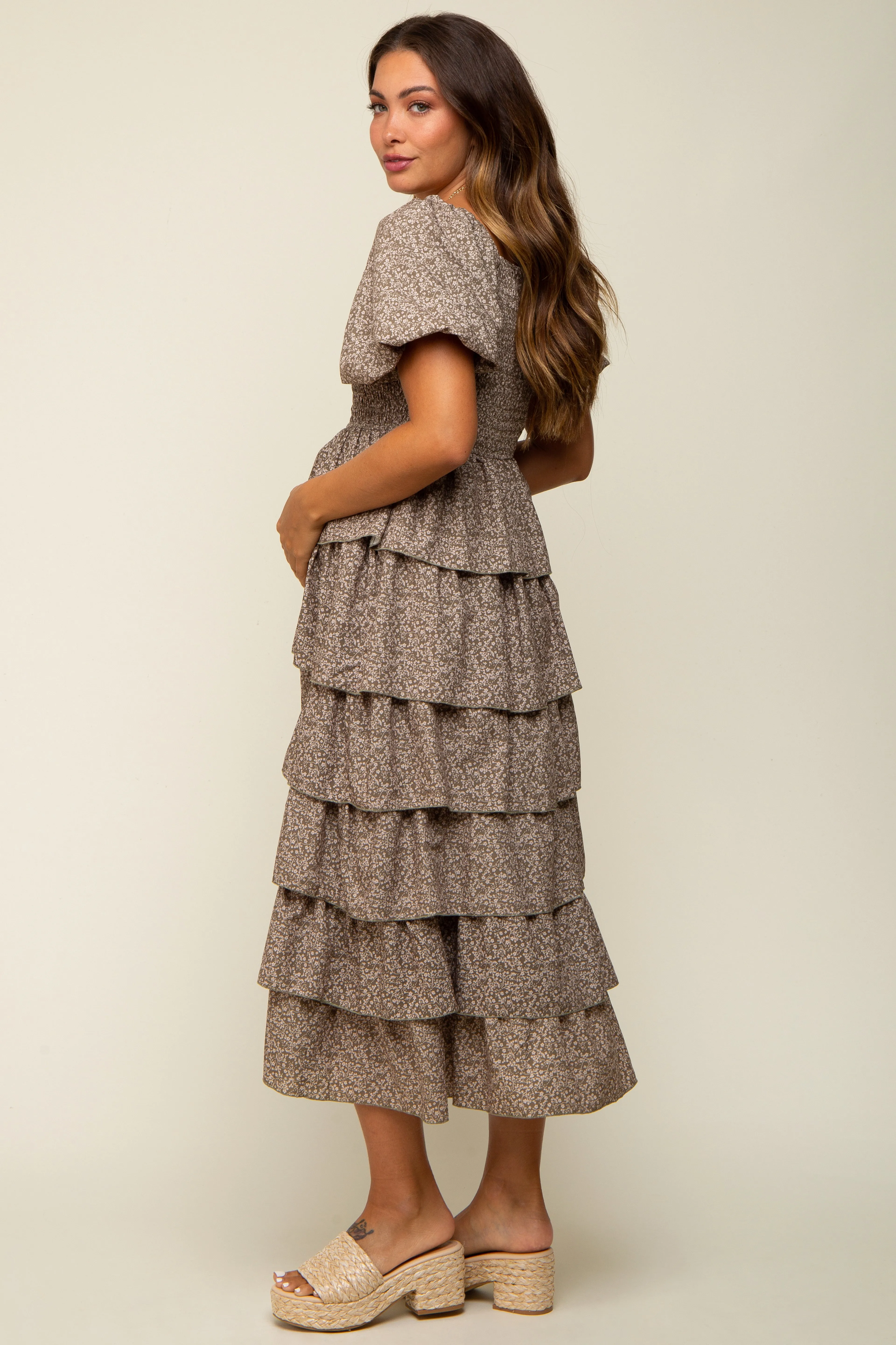 Olive Floral Flounce Tiered Maternity Midi Dress sold by Pinkblush product image thumbnail 3