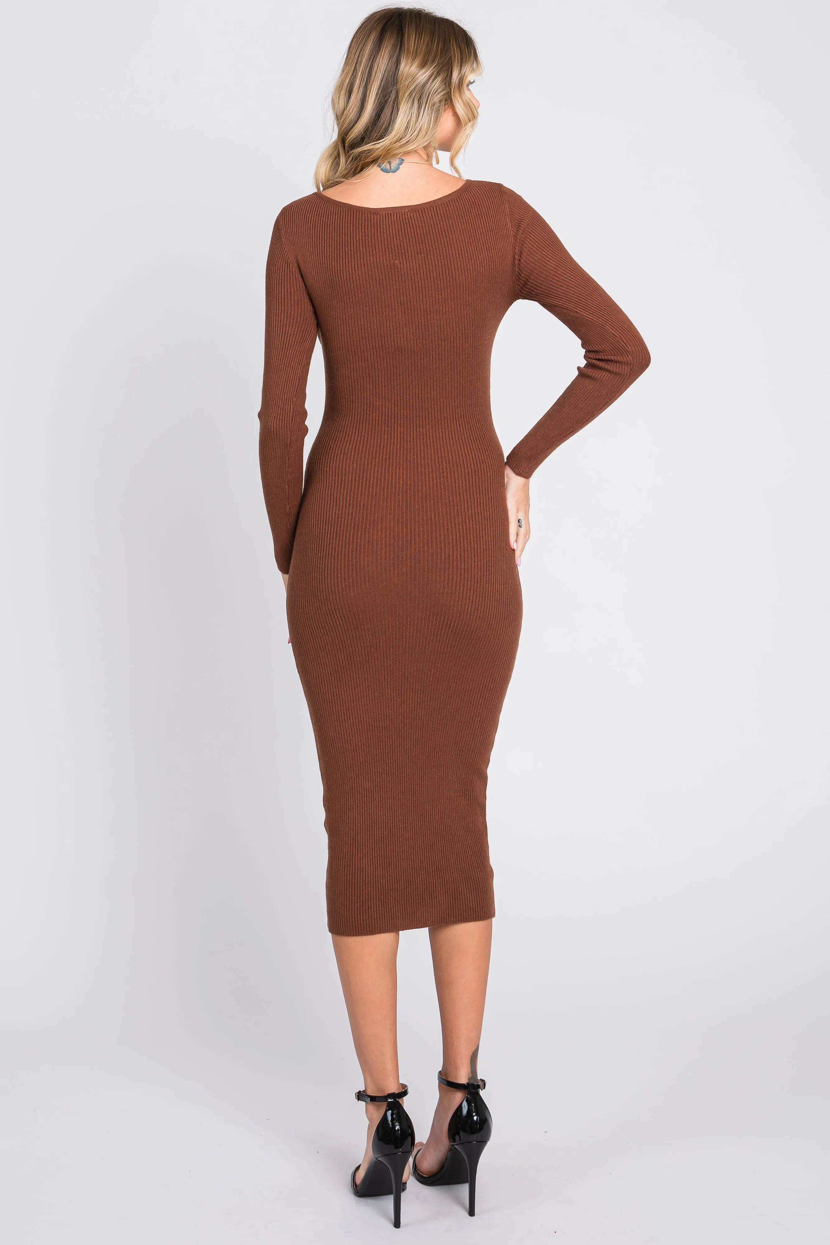 Brown Ribbed Long Sleeve Midi Dress sold by Pinkblush product image thumbnail 4