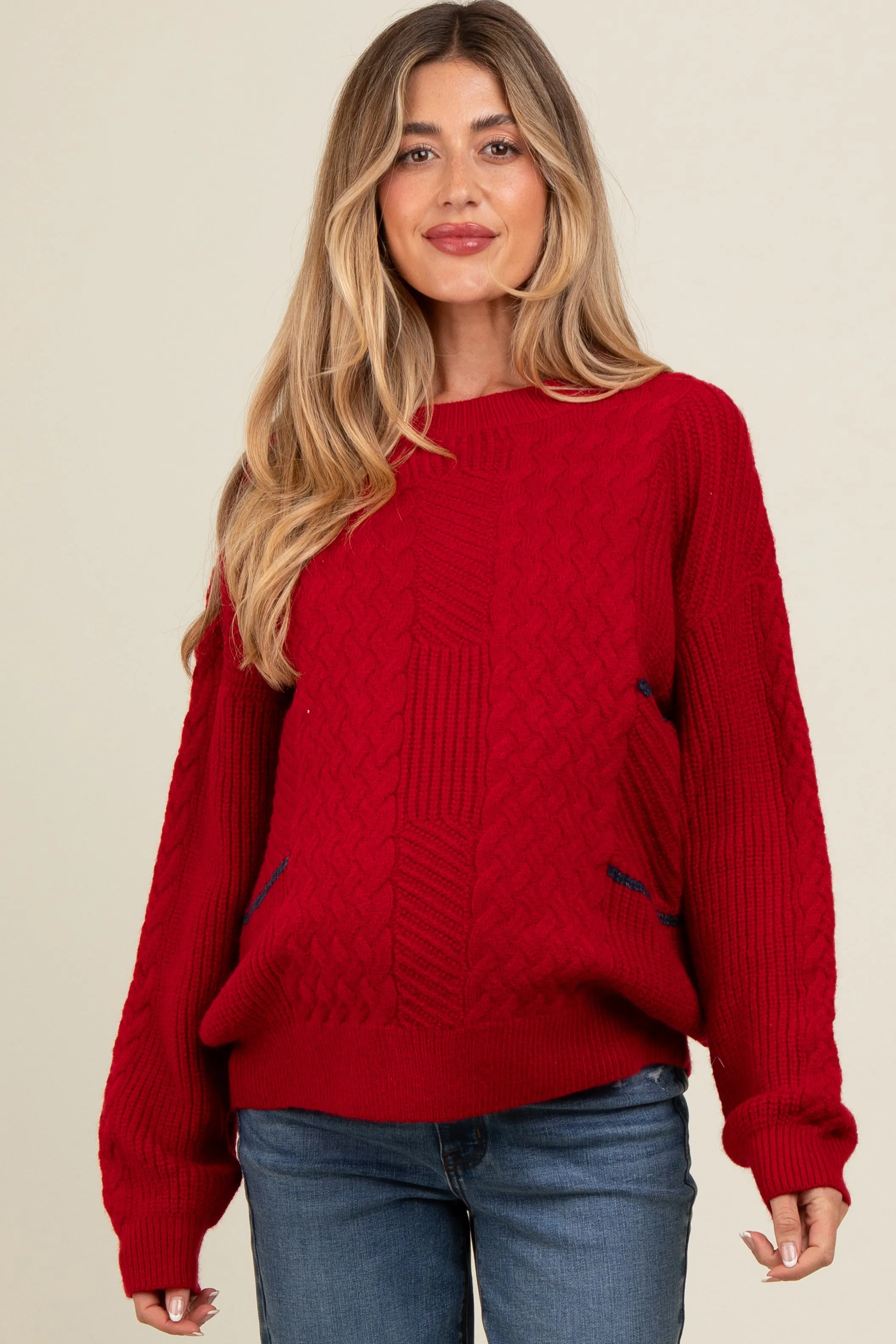 Red Striped Mixed Cable Knit Maternity Sweater sold by Pinkblush product image thumbnail 2