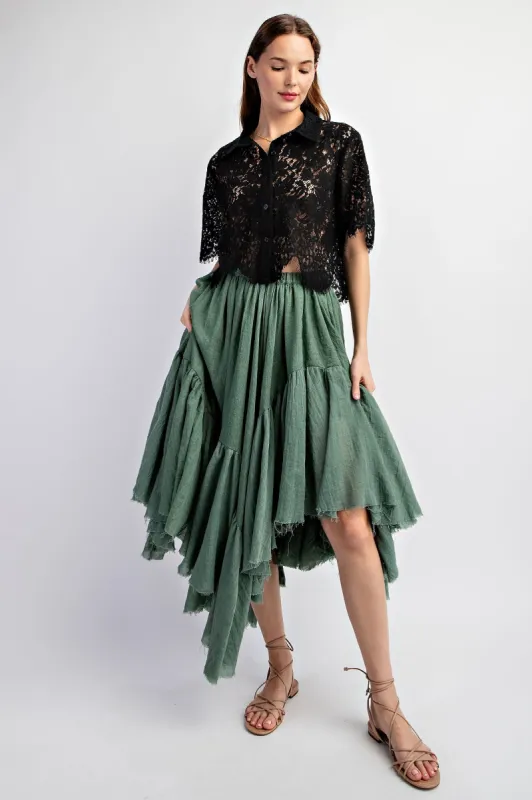 Olive Asymmetrical Raw-Edge Ruched Uneven Hemline Skirt sold by Pinkblush