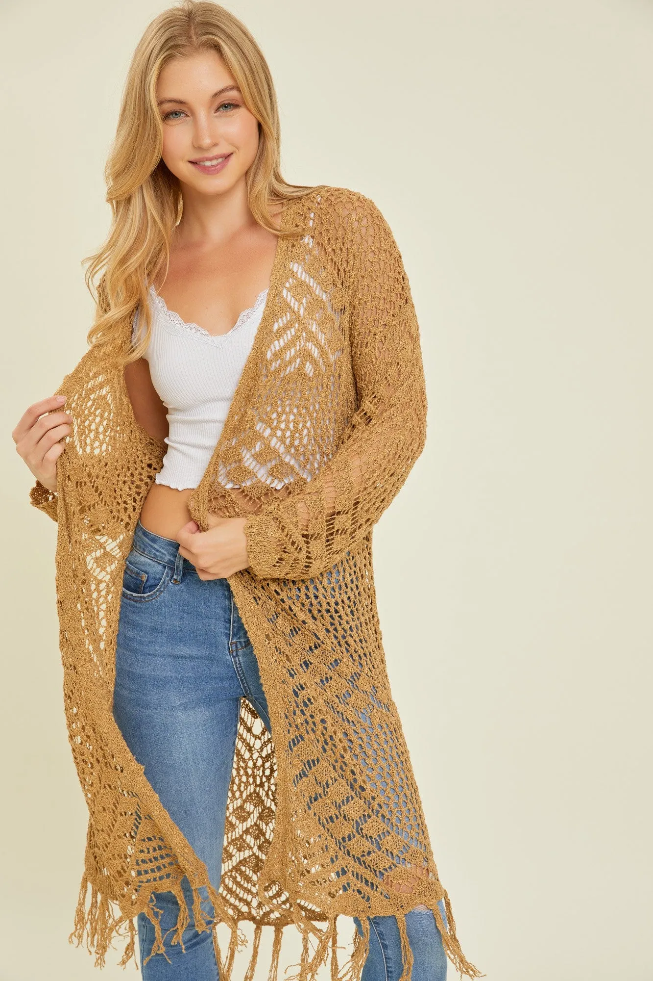 Gold Crochet Fringe Hem Cardigan sold by Pinkblush