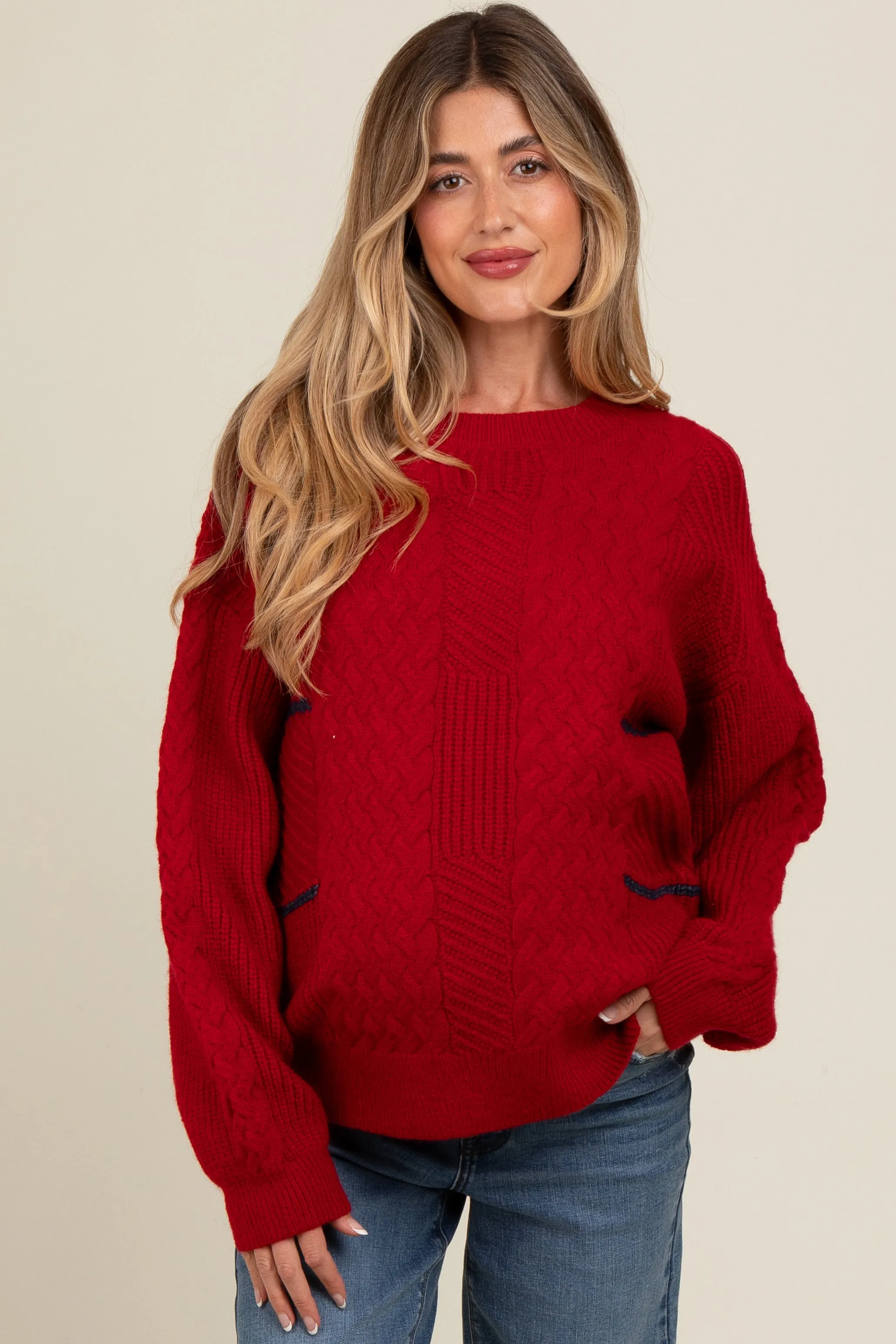 Red Striped Mixed Cable Knit Maternity Sweater sold by Pinkblush