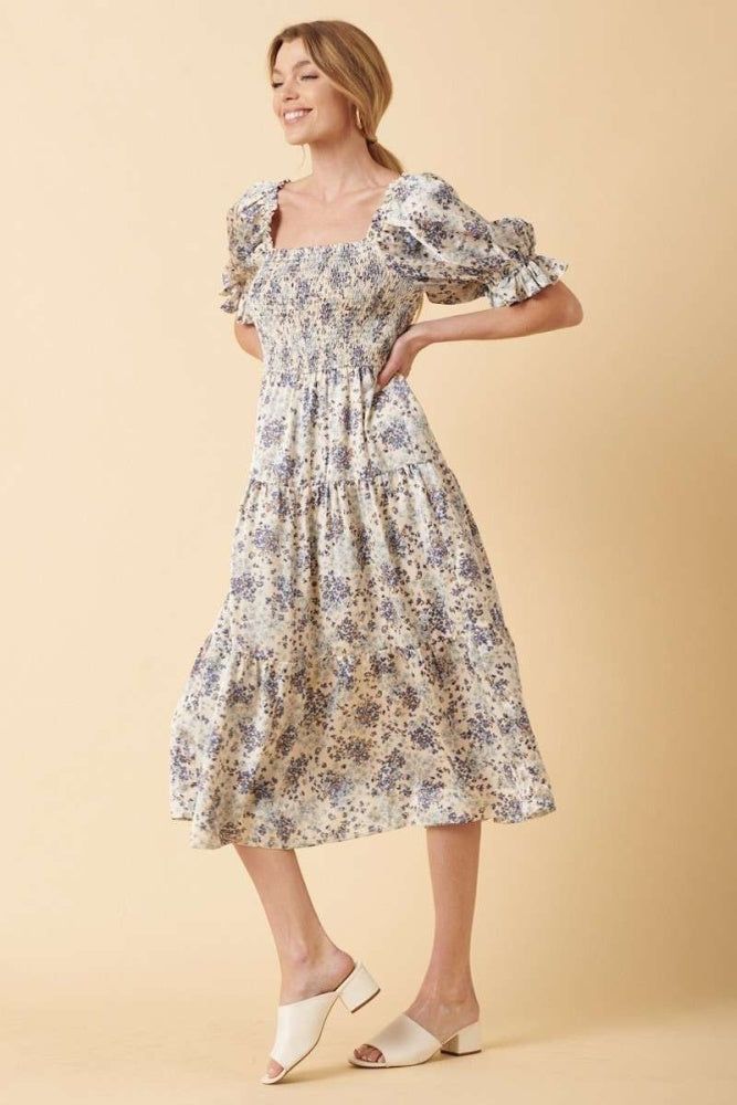 Blue Flower Print Smocking Bodice Midi Dress sold by Pinkblush product image thumbnail 2
