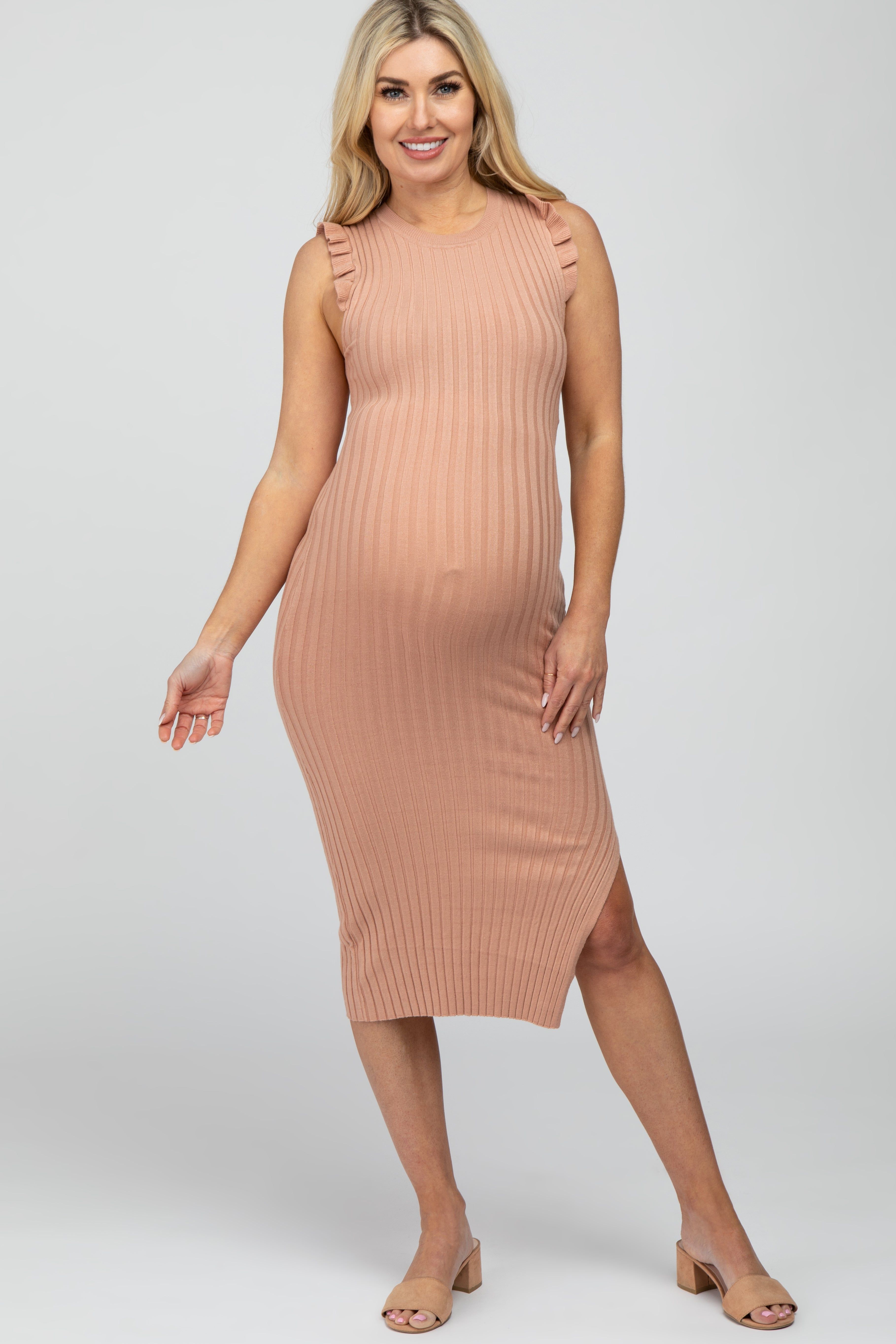 Peach Ribbed Flutter Accent Maternity Midi Dress sold by Pinkblush