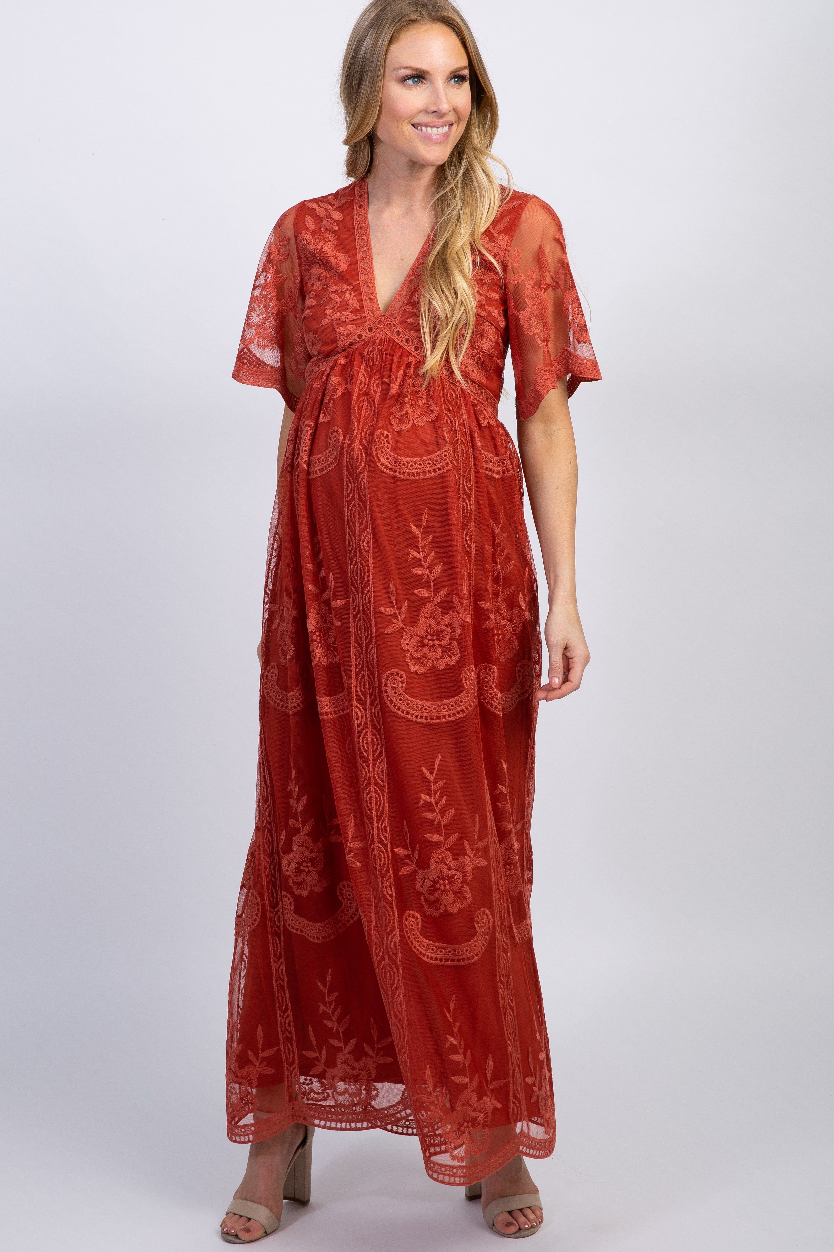 PinkBlush Rust Lace Mesh Overlay Maternity Maxi Dress sold by Pinkblush