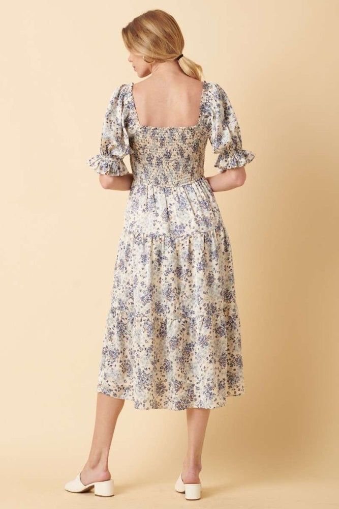 Blue Flower Print Smocking Bodice Midi Dress sold by Pinkblush product image thumbnail 3