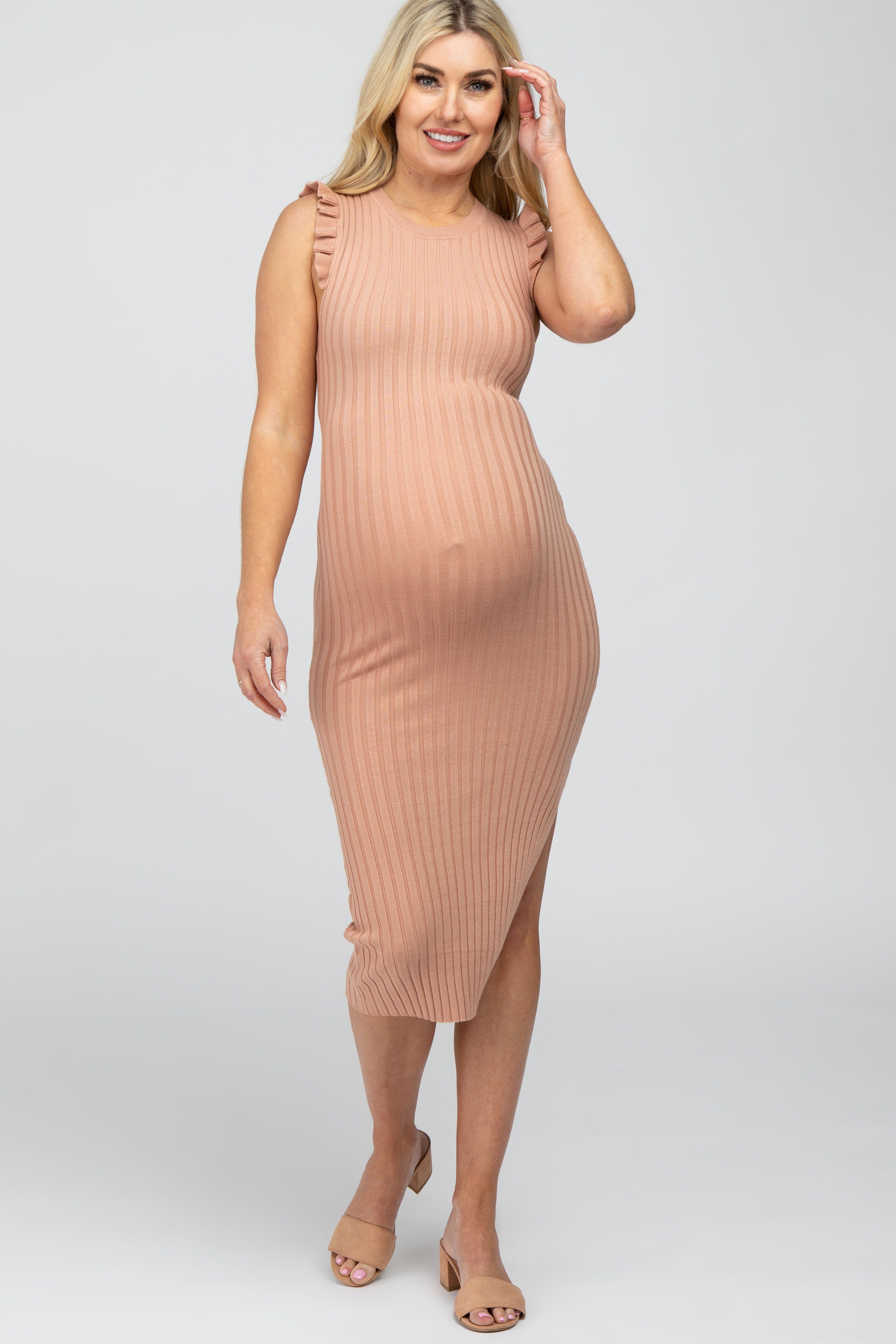 Peach Ribbed Flutter Accent Maternity Midi Dress sold by Pinkblush product image thumbnail 2