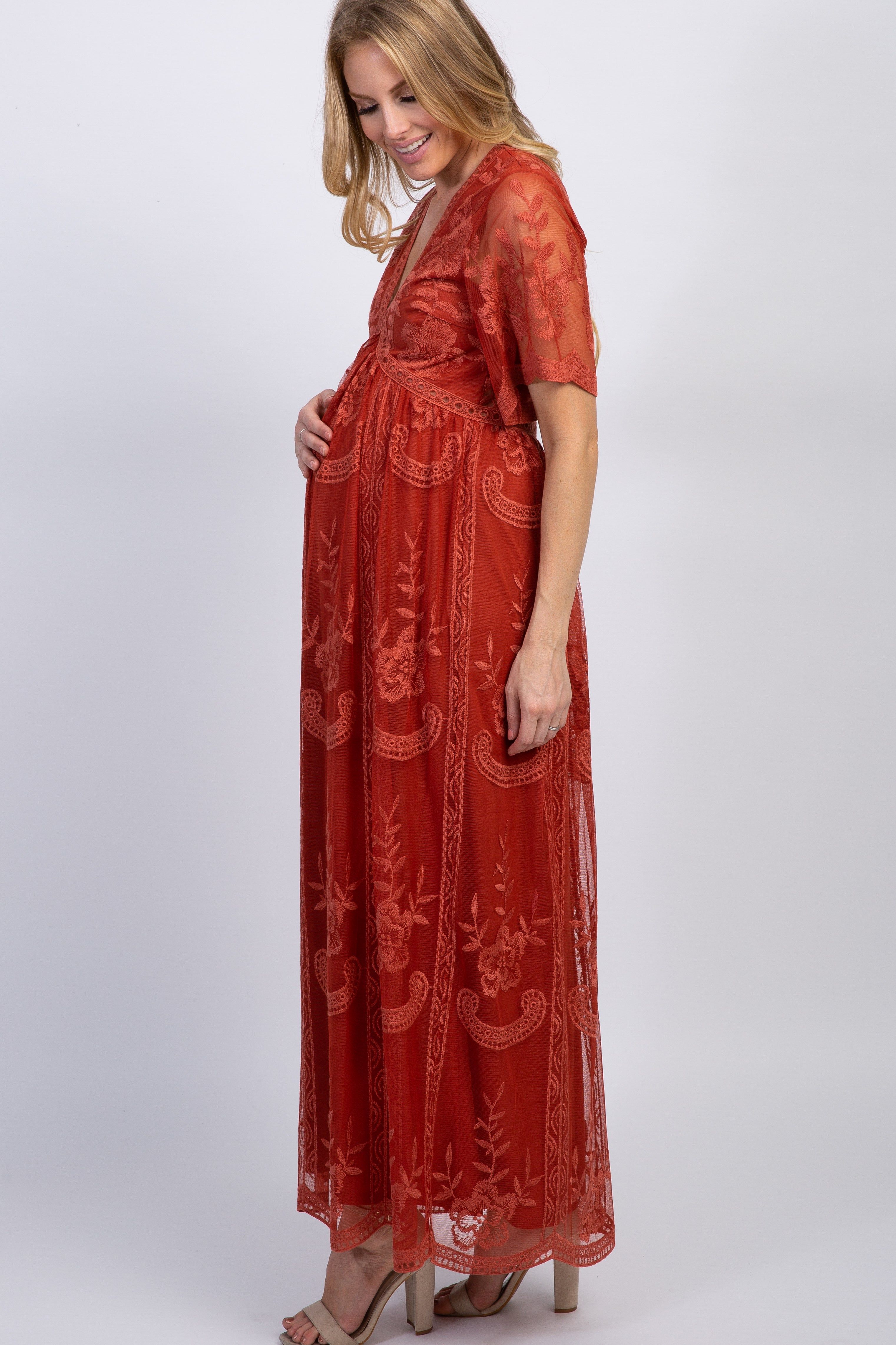 PinkBlush Rust Lace Mesh Overlay Maternity Maxi Dress sold by Pinkblush product image thumbnail 2
