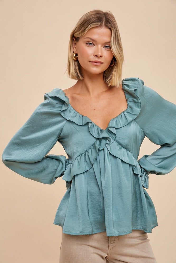 Dark Sage Washed Satin Cross Ruffled Long Sleeve Blouse sold by Pinkblush