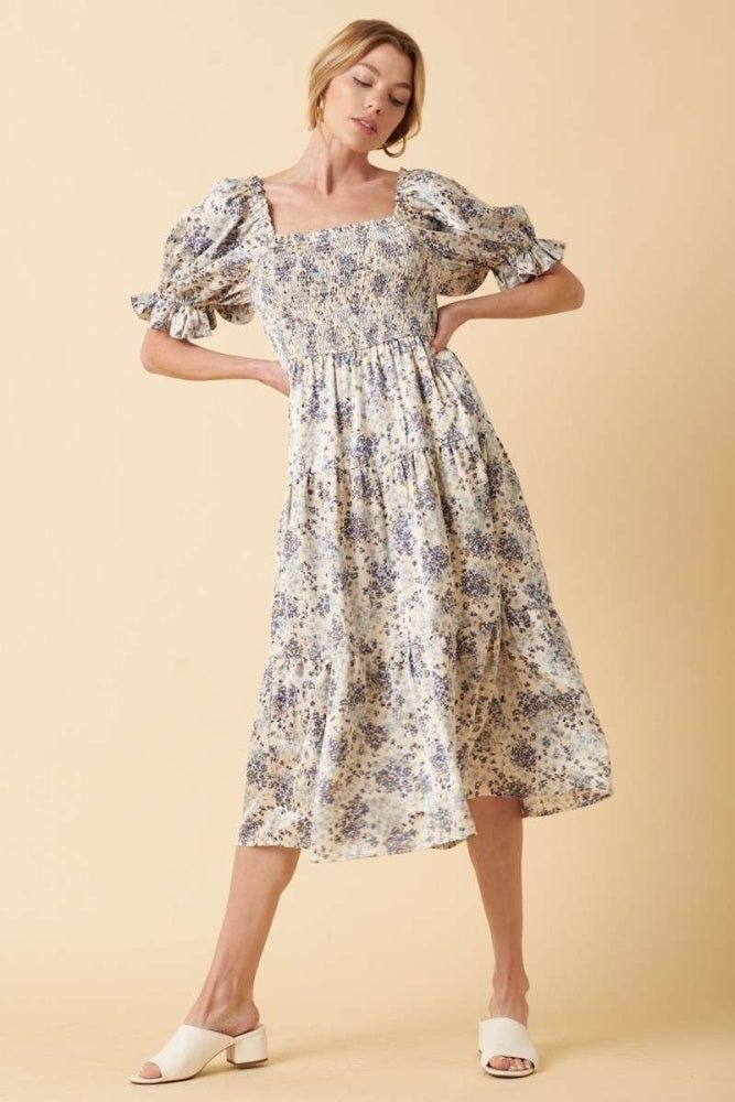 Blue Flower Print Smocking Bodice Midi Dress sold by Pinkblush