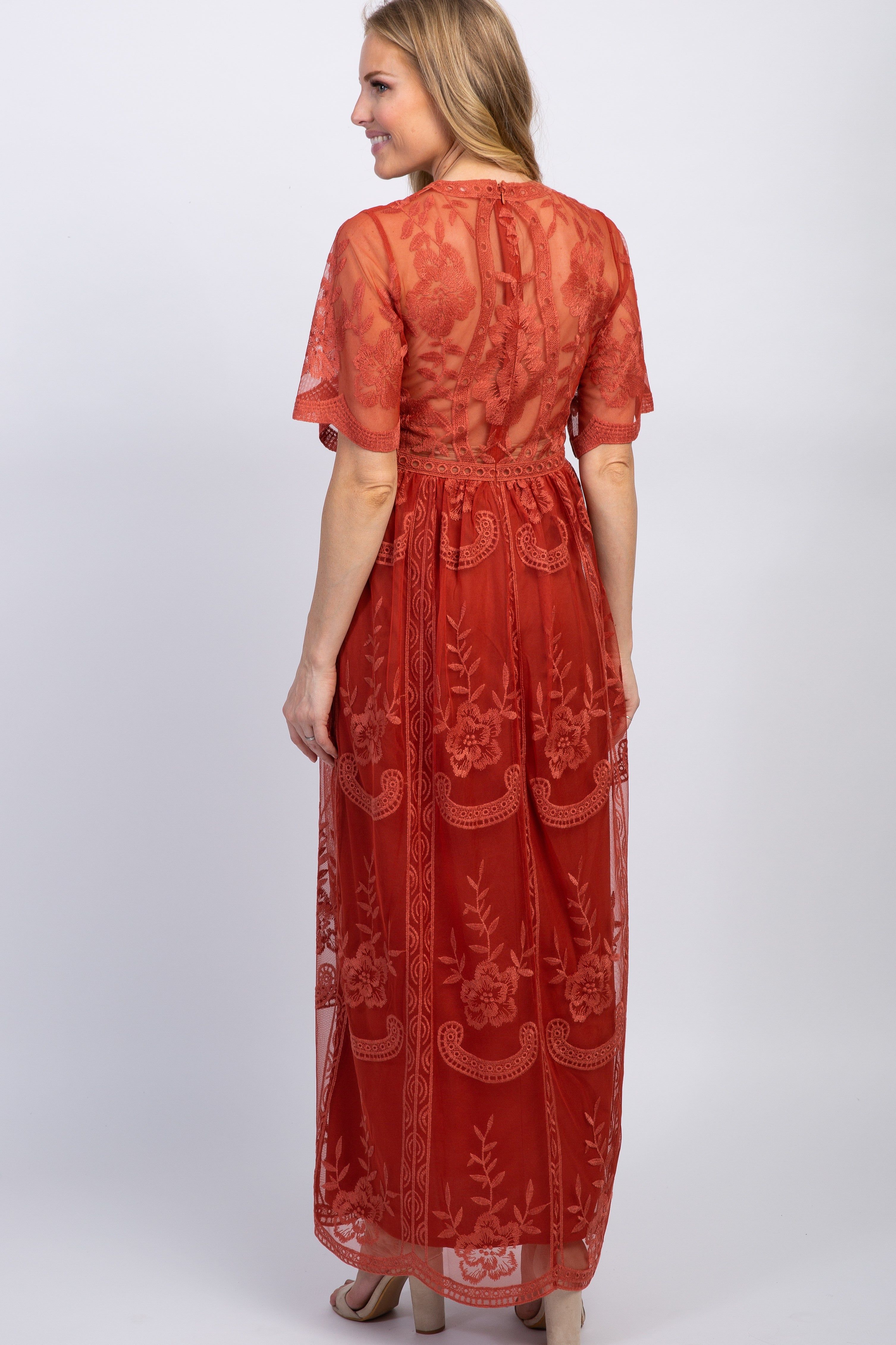 PinkBlush Rust Lace Mesh Overlay Maternity Maxi Dress sold by Pinkblush product image thumbnail 3