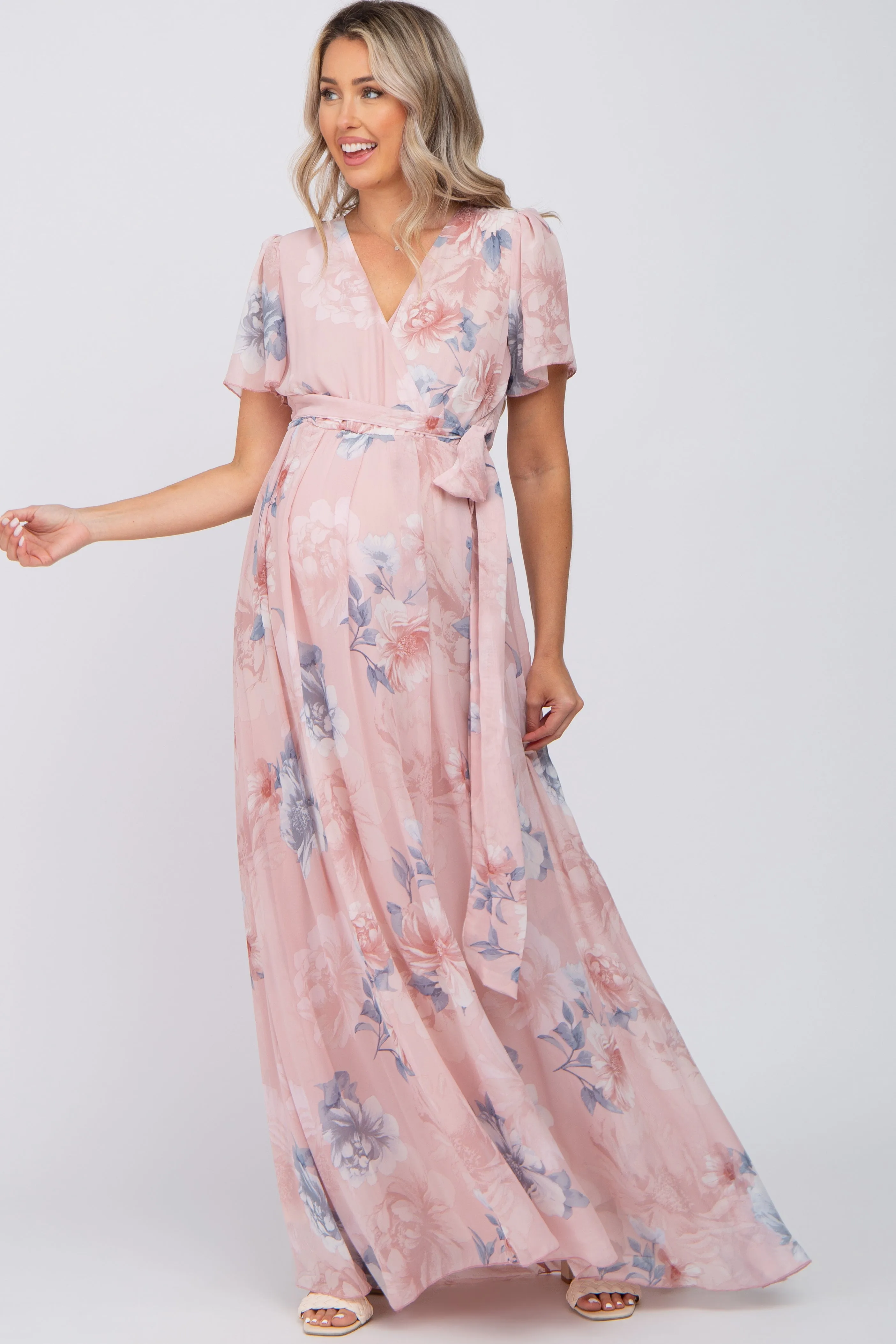 Pink Floral Chiffon Wrap Front Short Sleeve Maternity Maxi Dress sold by Pinkblush