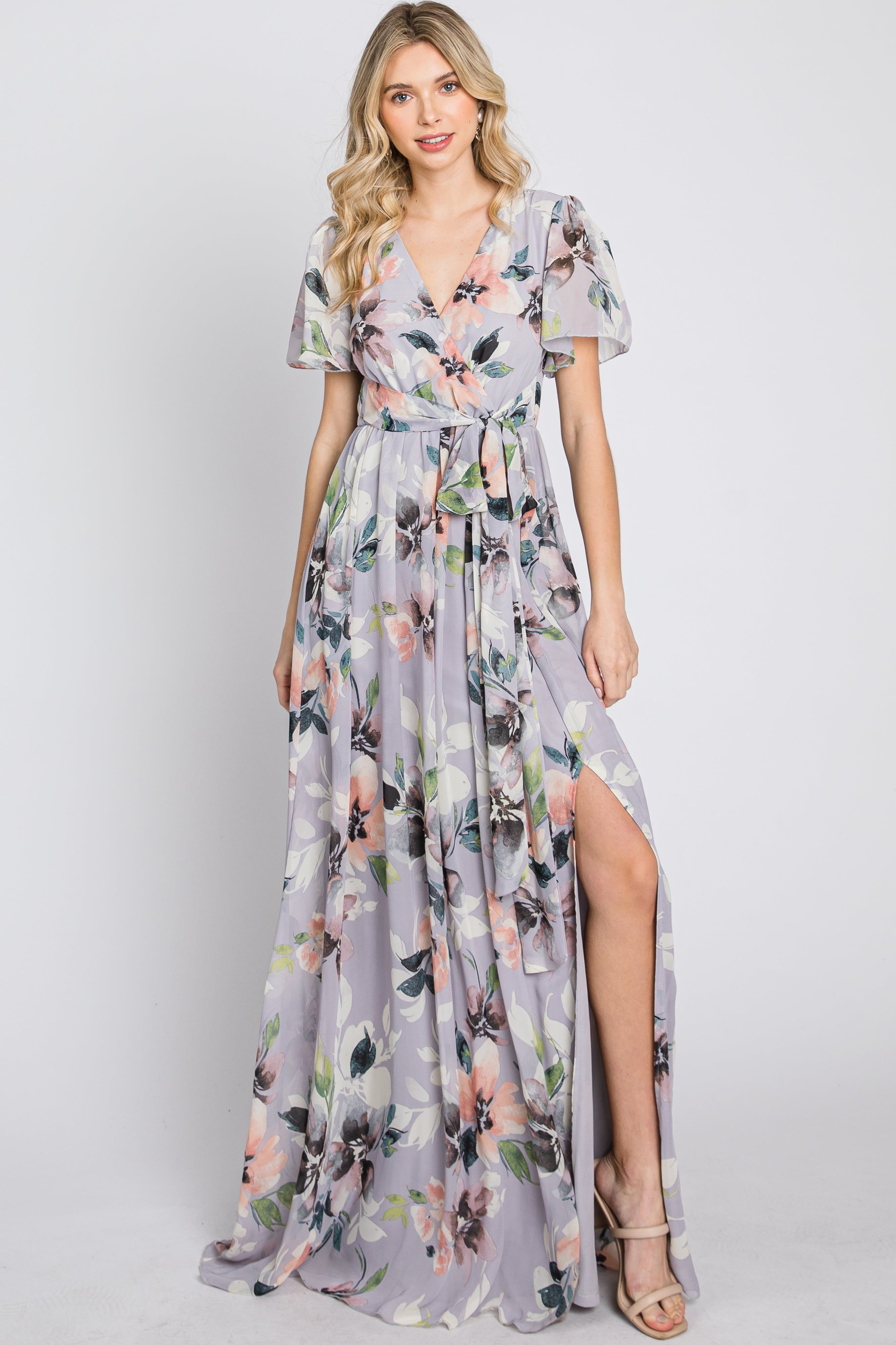 Lavender Floral Chiffon Short Sleeve Side Slit Maxi Dress sold by Pinkblush product image thumbnail 5