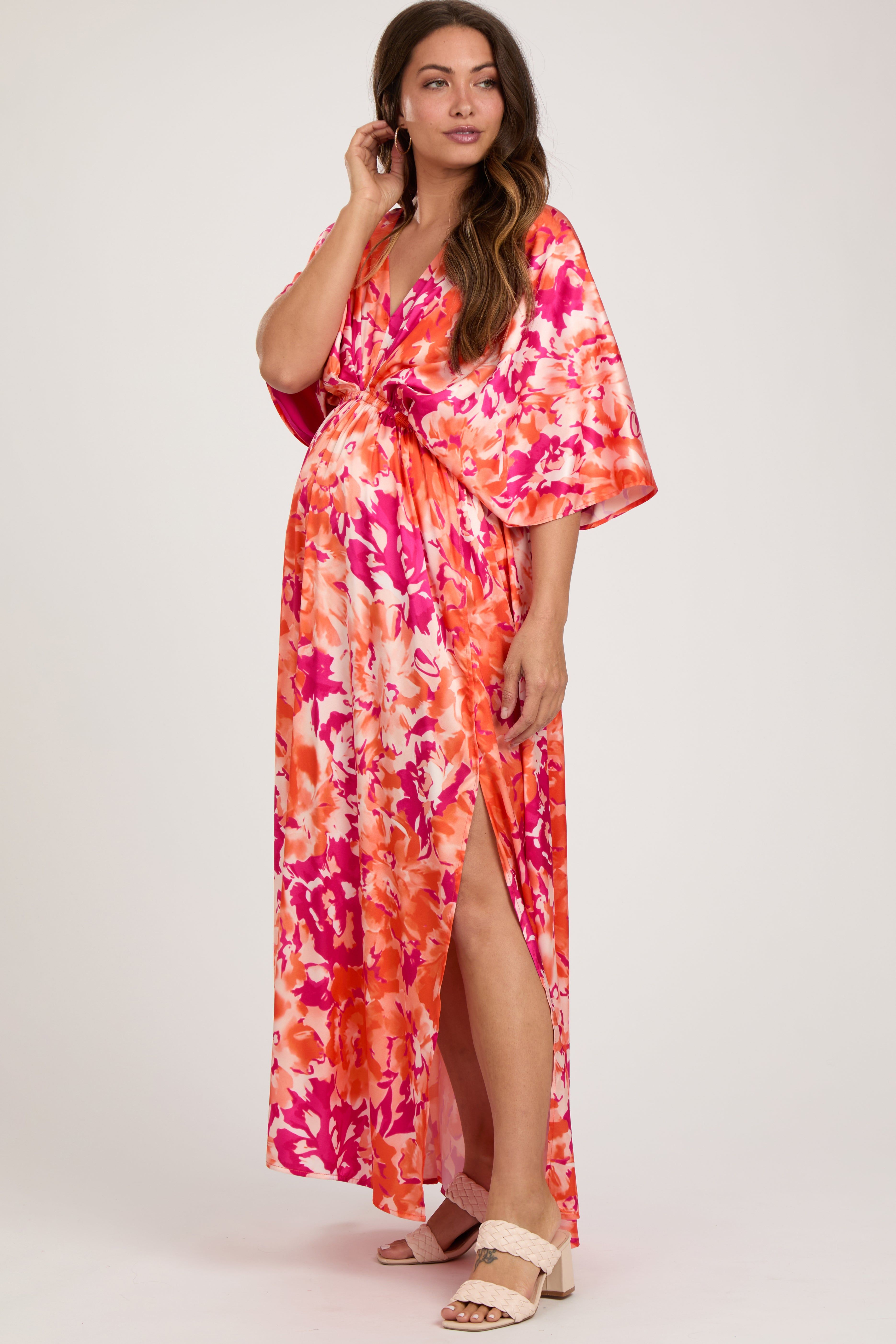 Orange Floral Satin V-Neck Maternity Maxi Dress sold by Pinkblush product image thumbnail 2