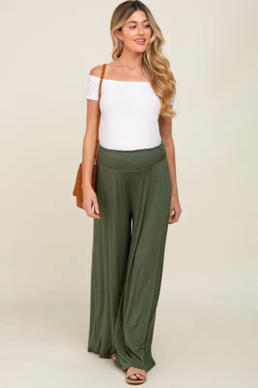 Olive Smocked Waist Flowy Maternity Pants sold by Pinkblush