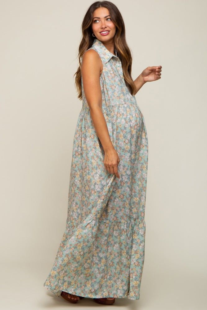 Mint Green Floral Collared Maternity Maxi Dress sold by Pinkblush product image thumbnail 2