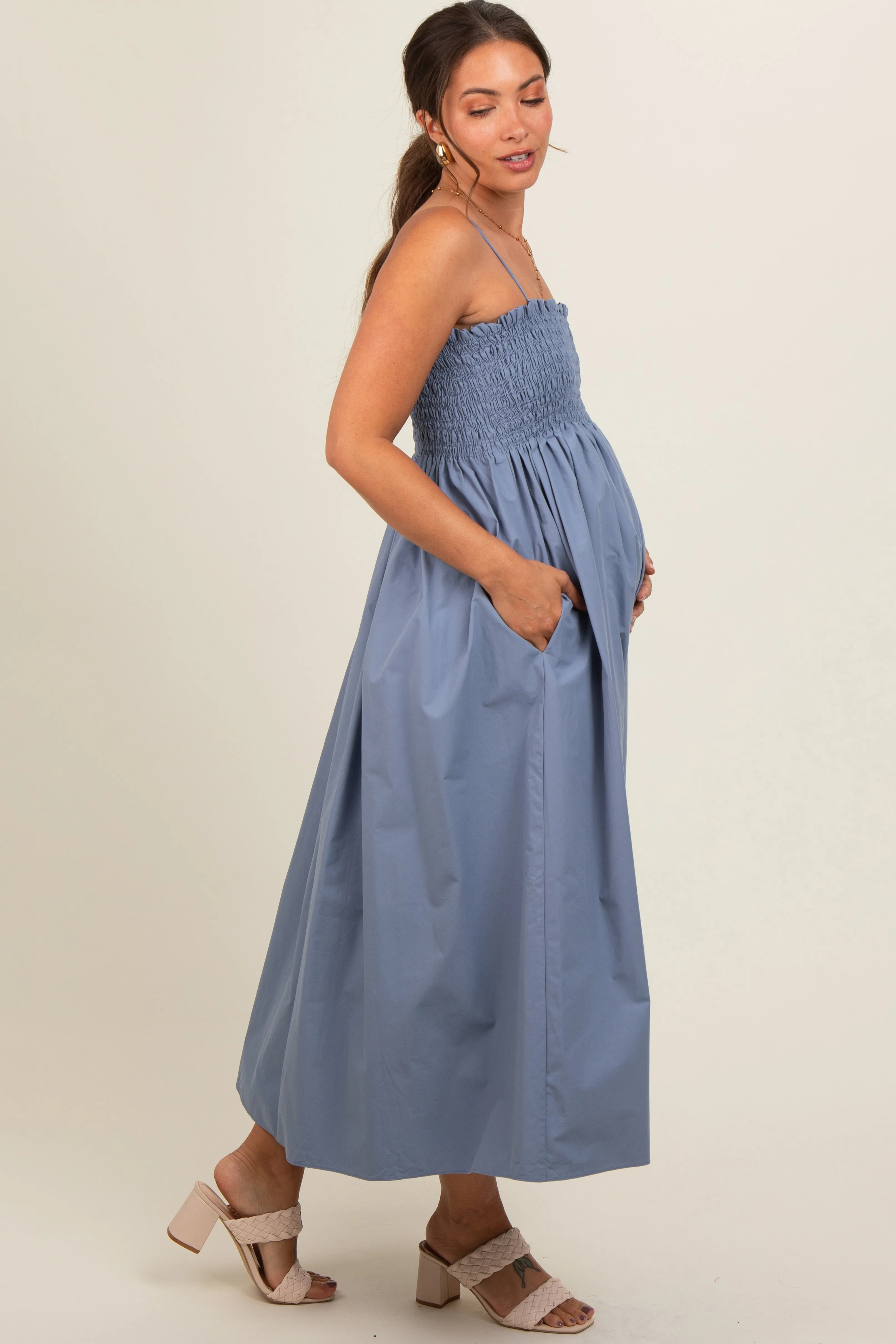 Blue Smocked Pocketed Maternity Midi Dress sold by Pinkblush product image thumbnail 3