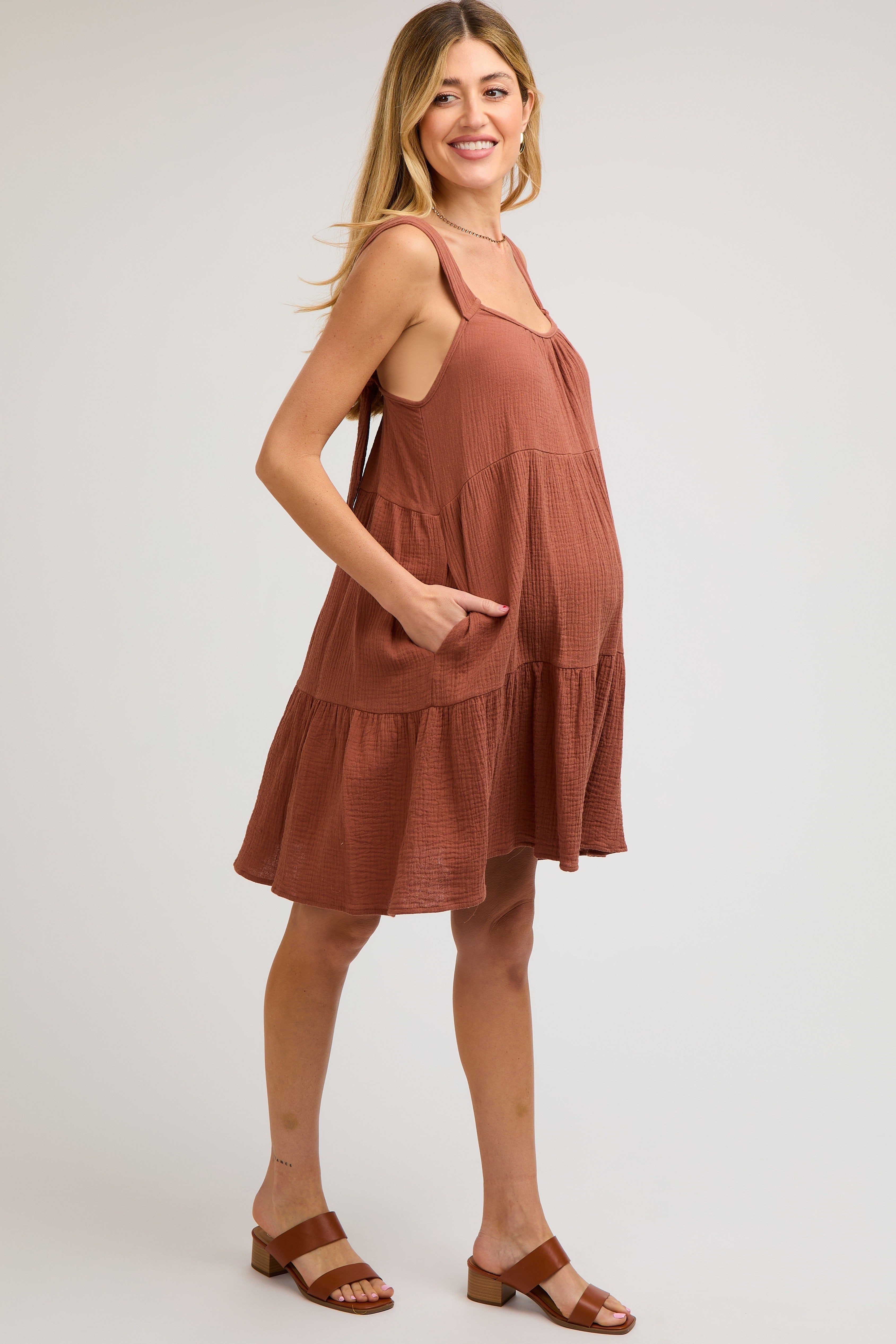 Mocha Sleeveless Tiered Ruffle Hem Maternity Dress sold by Pinkblush product image thumbnail 3