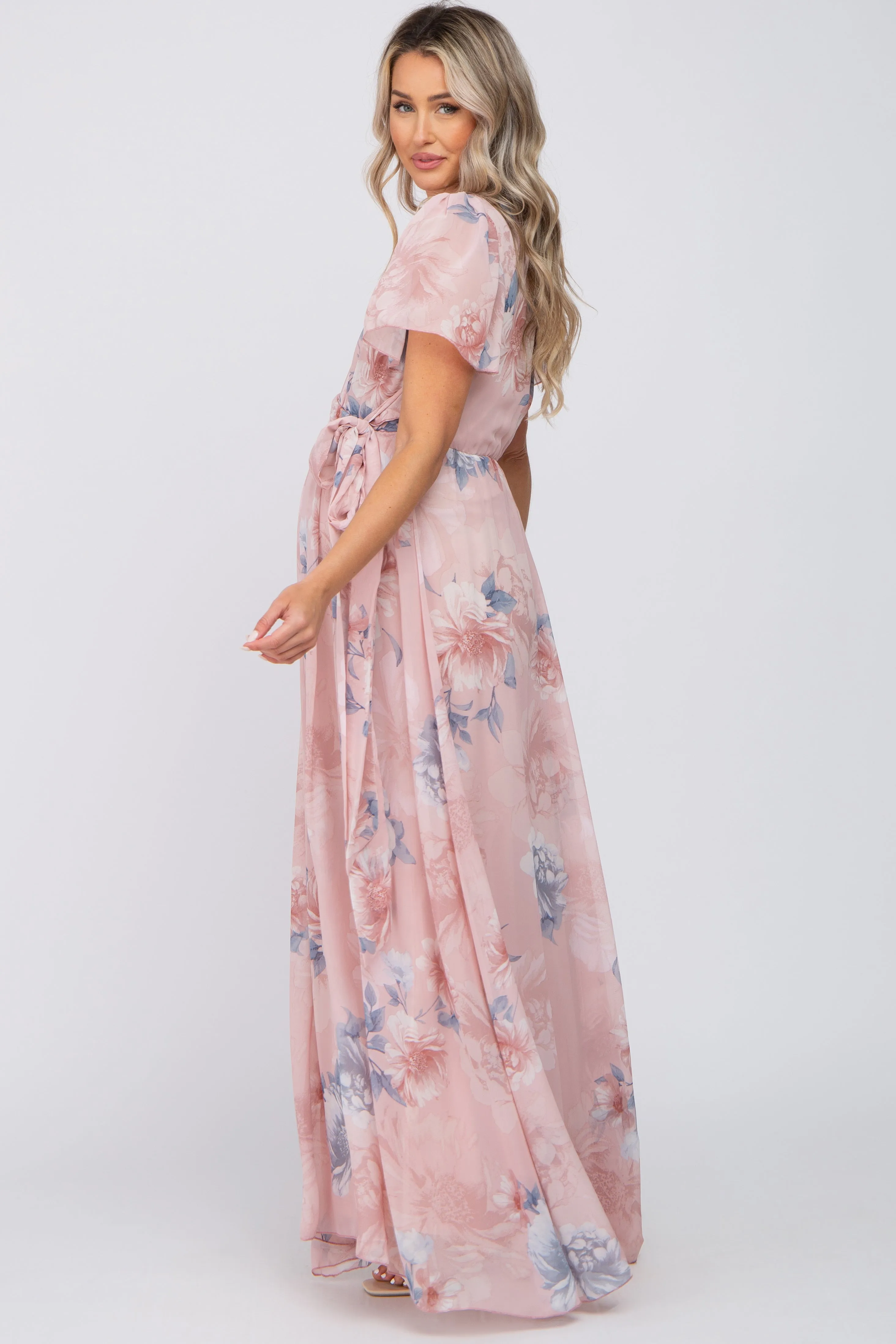 Pink Floral Chiffon Wrap Front Short Sleeve Maternity Maxi Dress sold by Pinkblush product image thumbnail 2