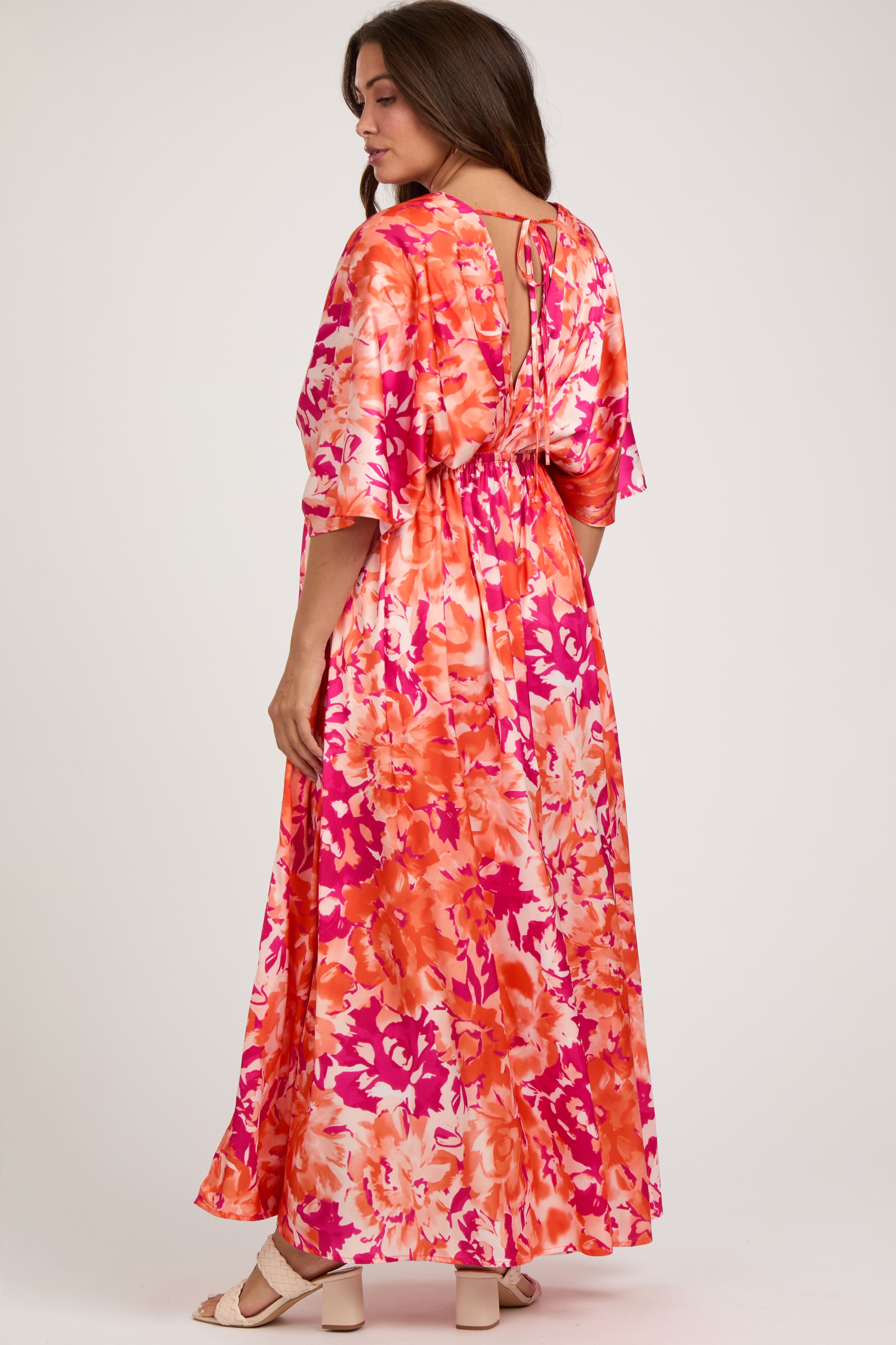 Orange Floral Satin V-Neck Maternity Maxi Dress sold by Pinkblush product image thumbnail 3