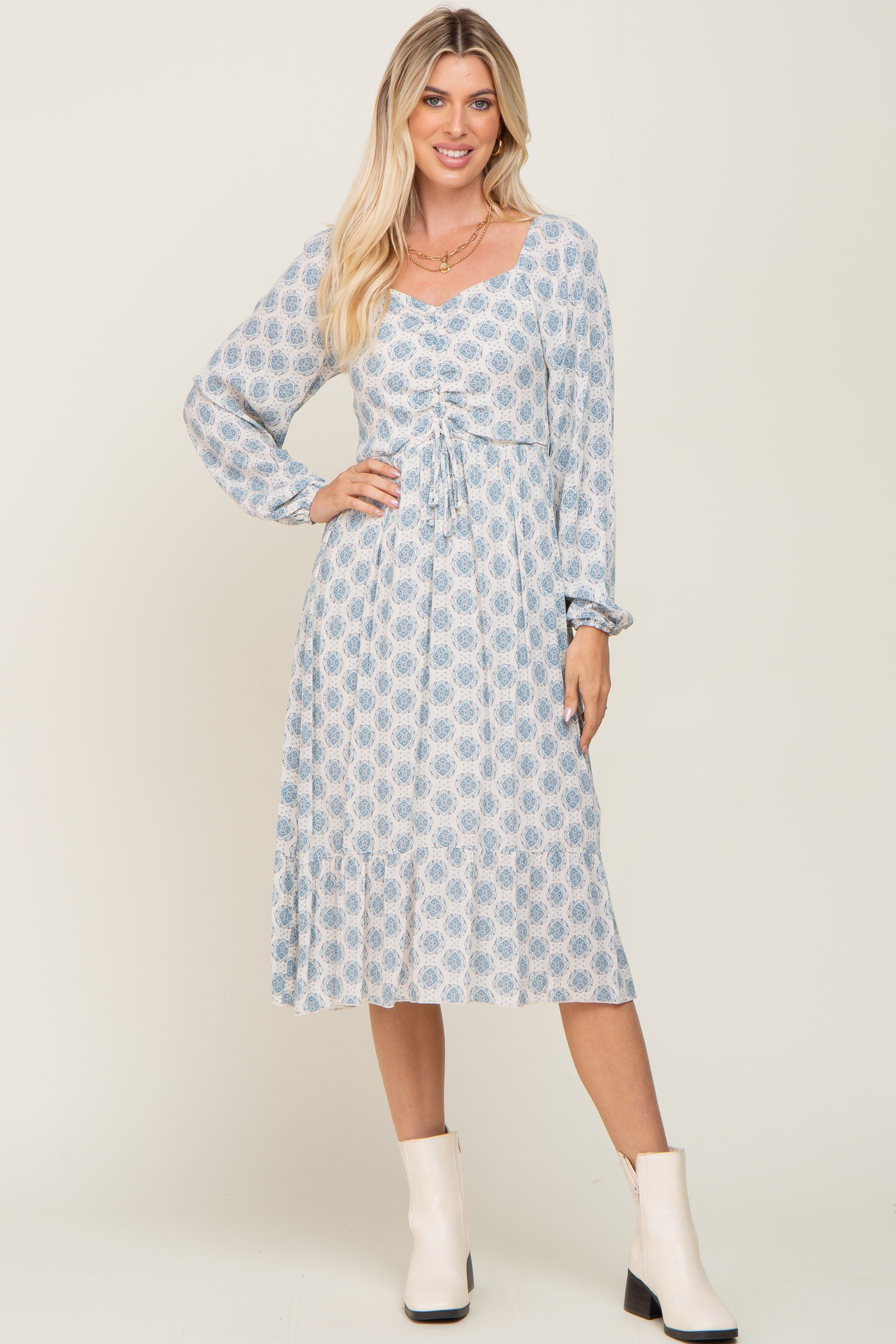 Blue Printed Cinched Midi Dress sold by Pinkblush