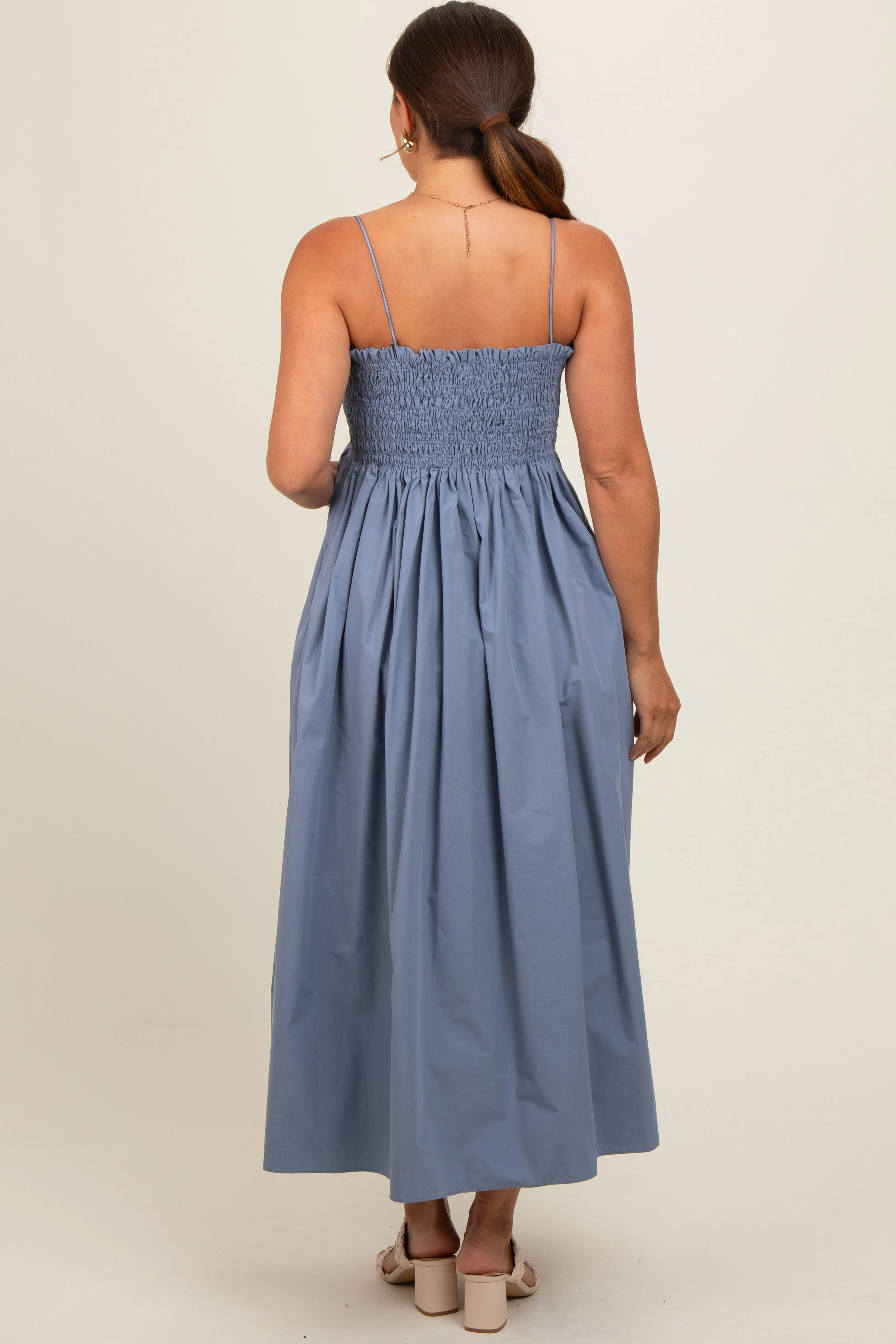 Blue Smocked Pocketed Maternity Midi Dress sold by Pinkblush product image thumbnail 4