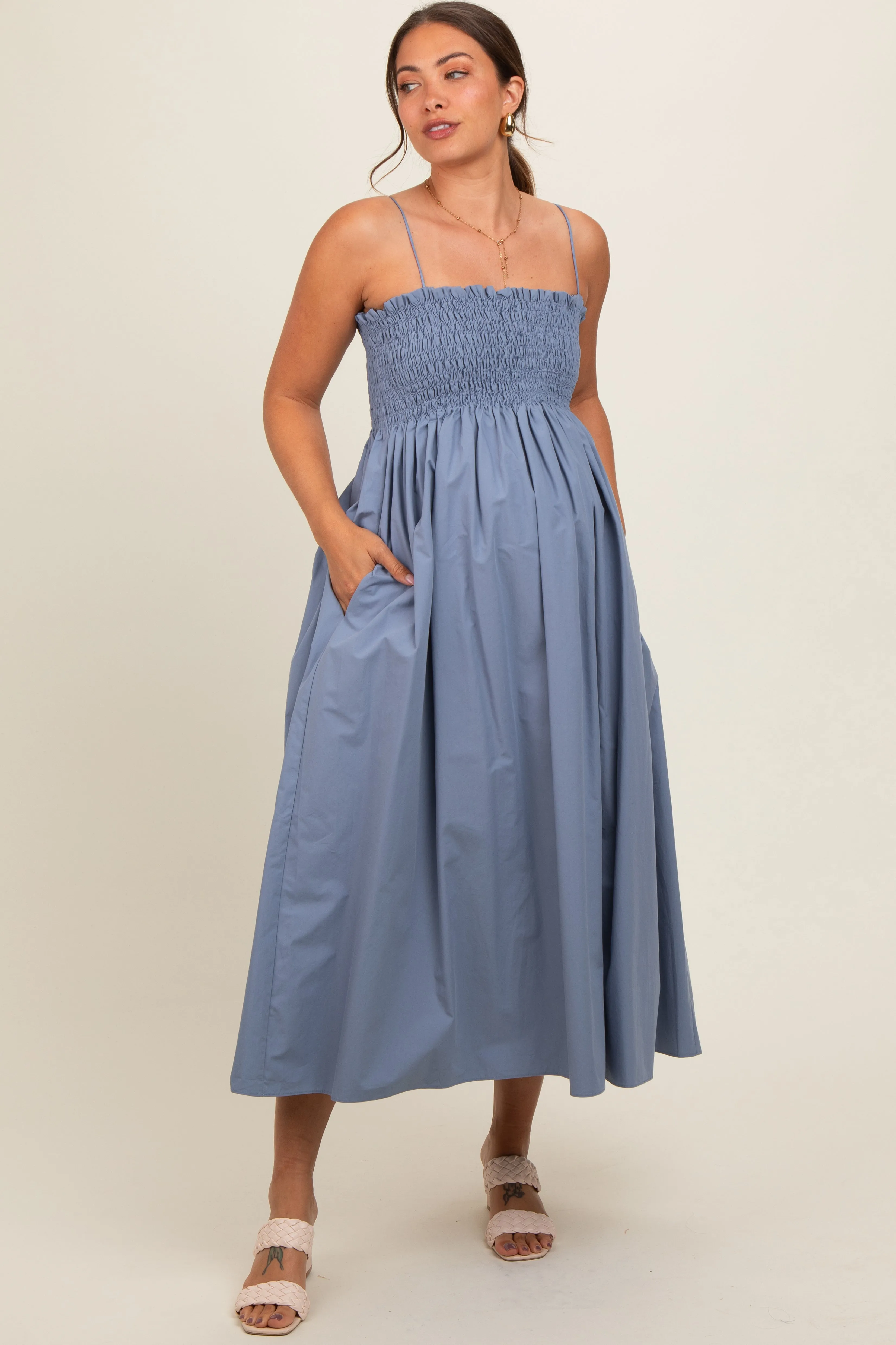 Blue Smocked Pocketed Maternity Midi Dress sold by Pinkblush