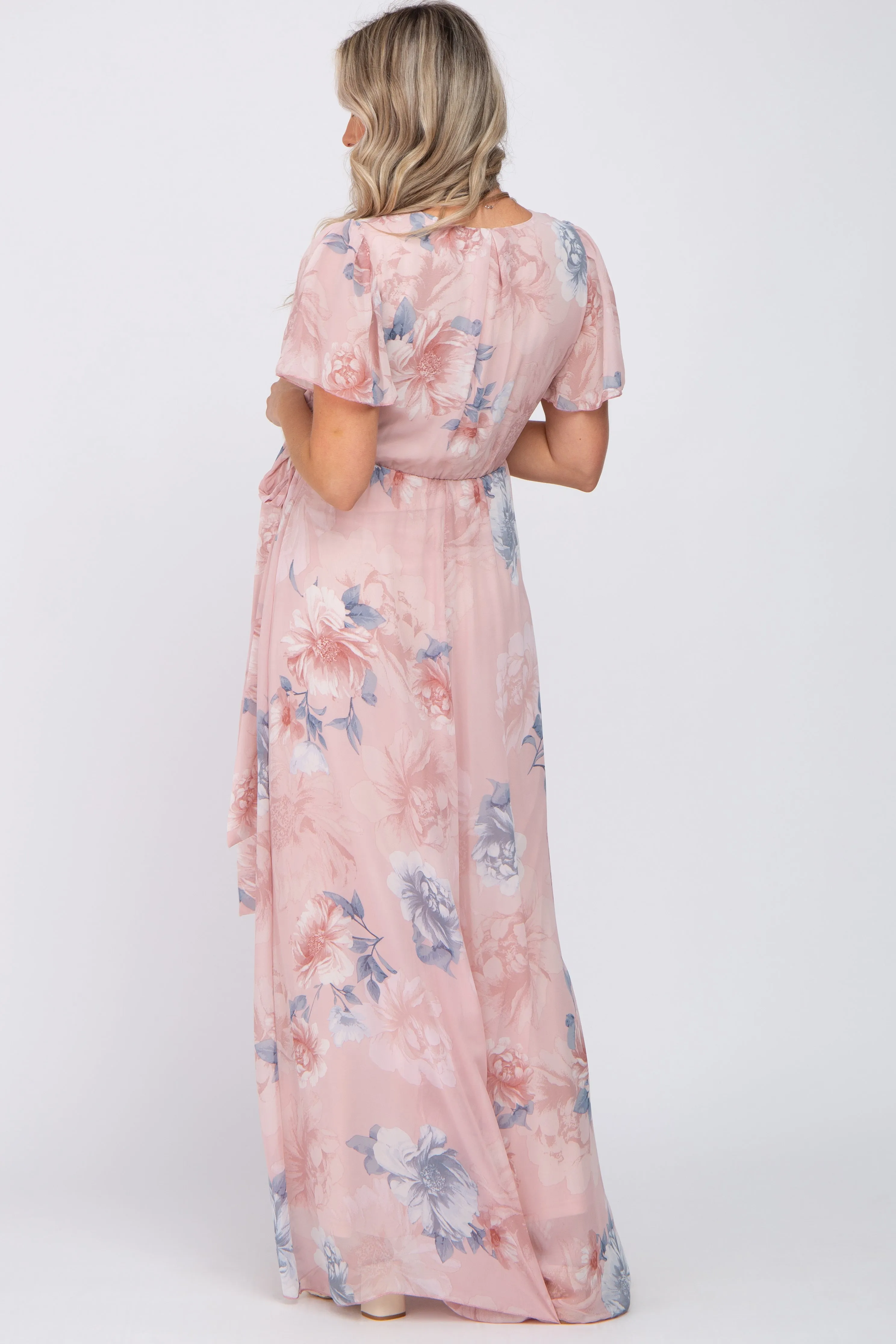 Pink Floral Chiffon Wrap Front Short Sleeve Maternity Maxi Dress sold by Pinkblush product image thumbnail 3