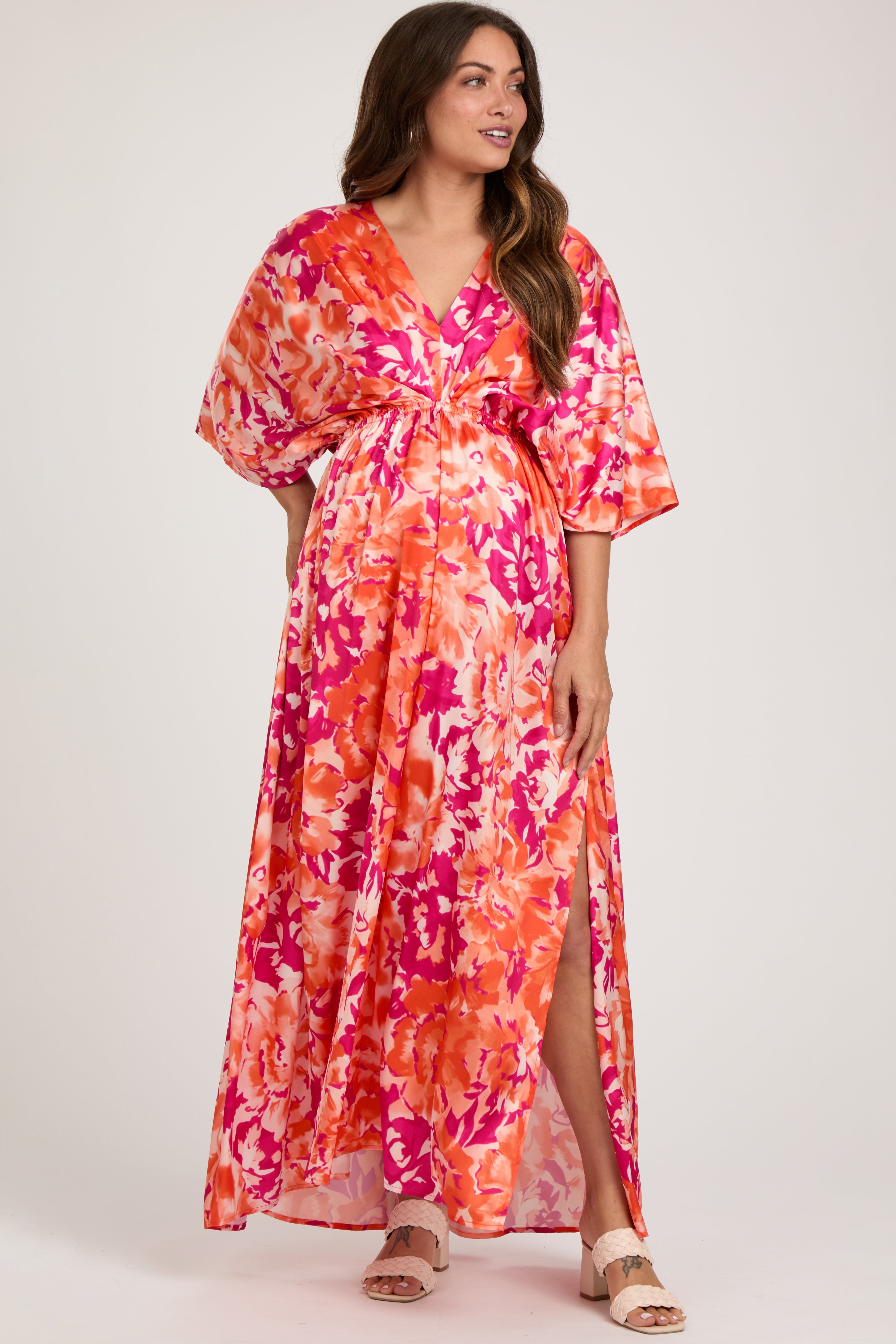 Orange Floral Satin V-Neck Maternity Maxi Dress sold by Pinkblush