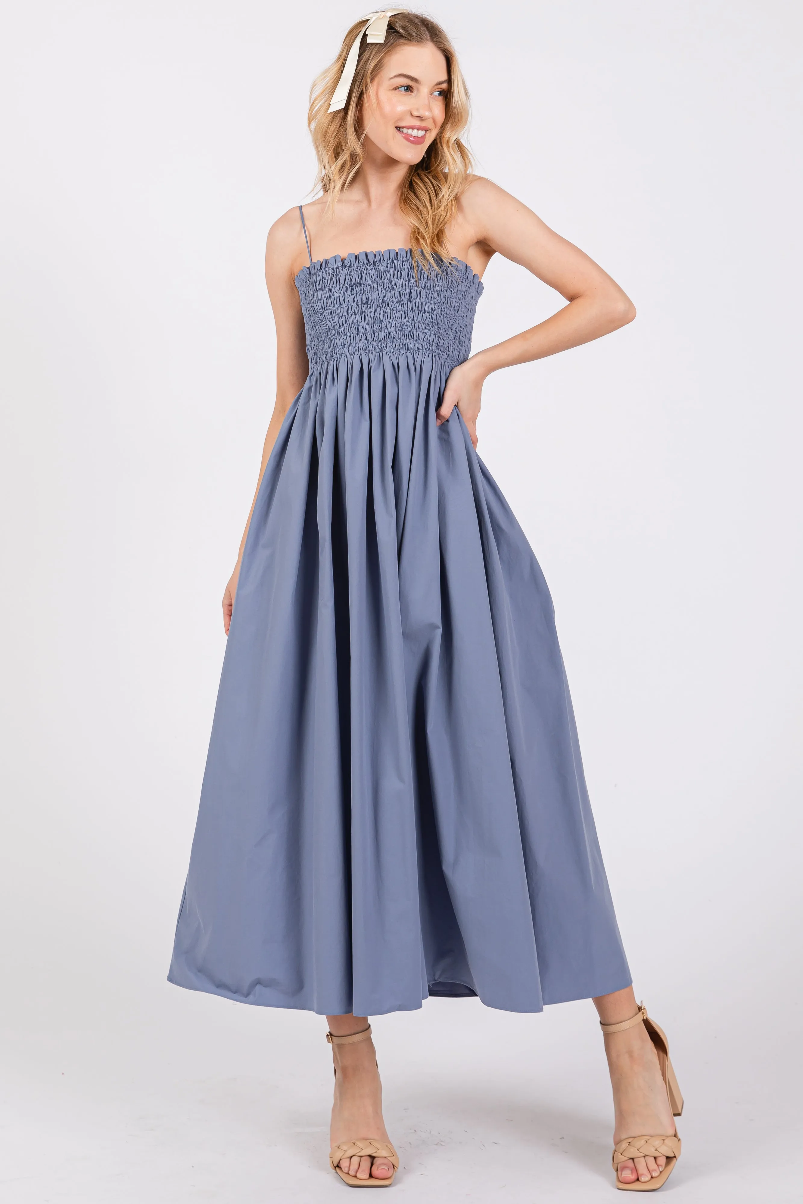 Blue Smocked Pocketed Maternity Midi Dress sold by Pinkblush product image thumbnail 5