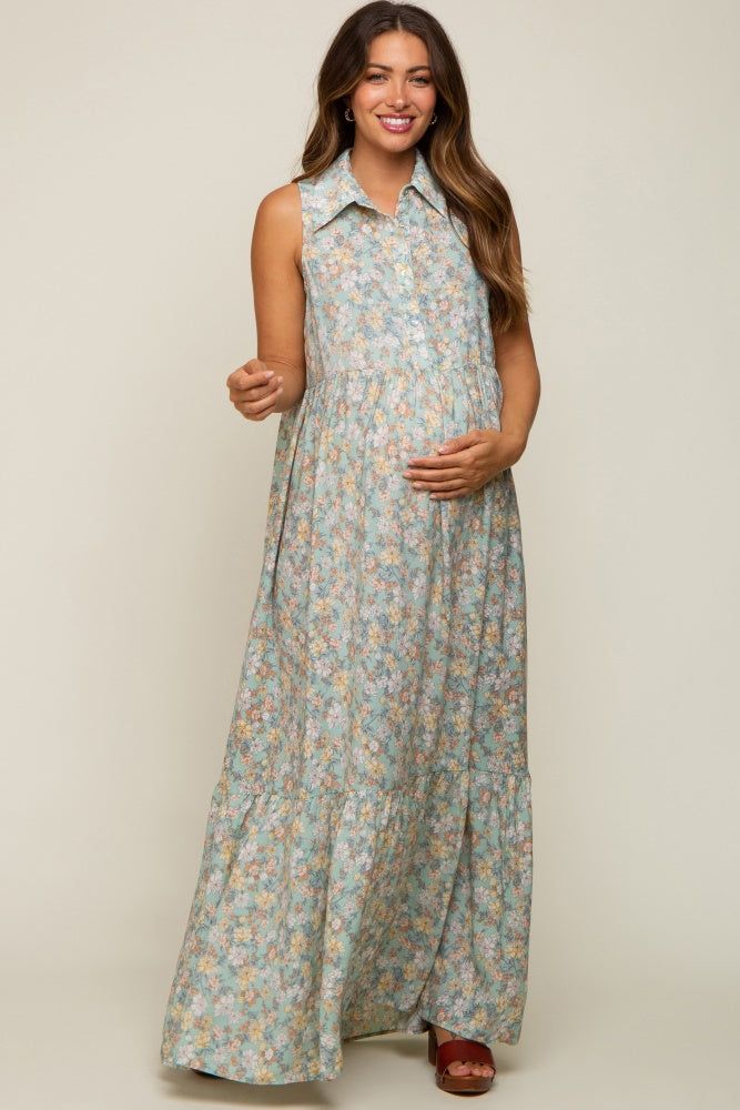 Mint Green Floral Collared Maternity Maxi Dress sold by Pinkblush