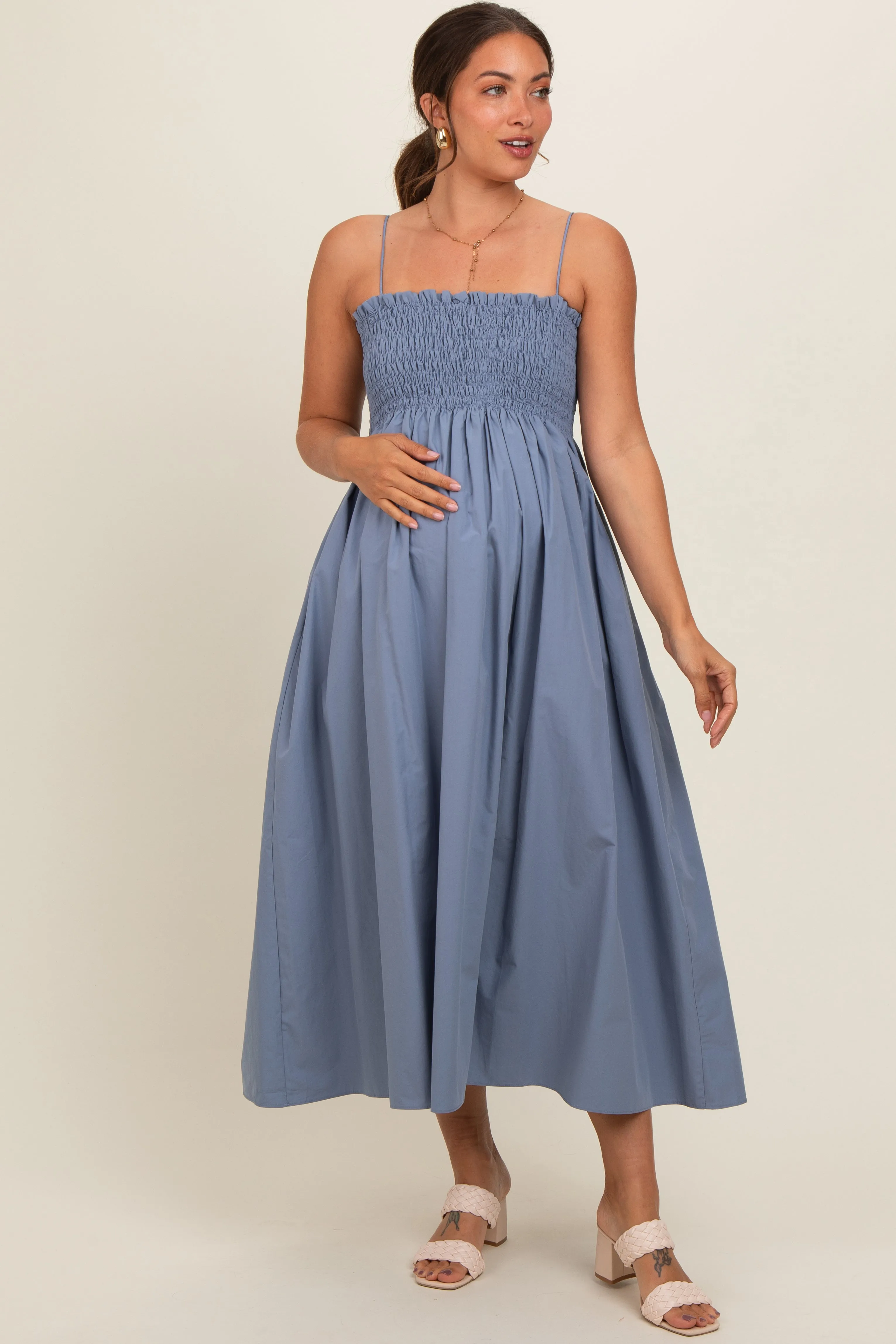 Blue Smocked Pocketed Maternity Midi Dress sold by Pinkblush product image thumbnail 2