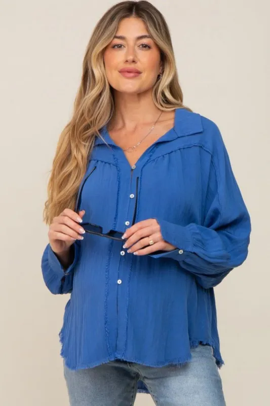 Blue Button-Down Raw Hem Maternity Blouse sold by Pinkblush