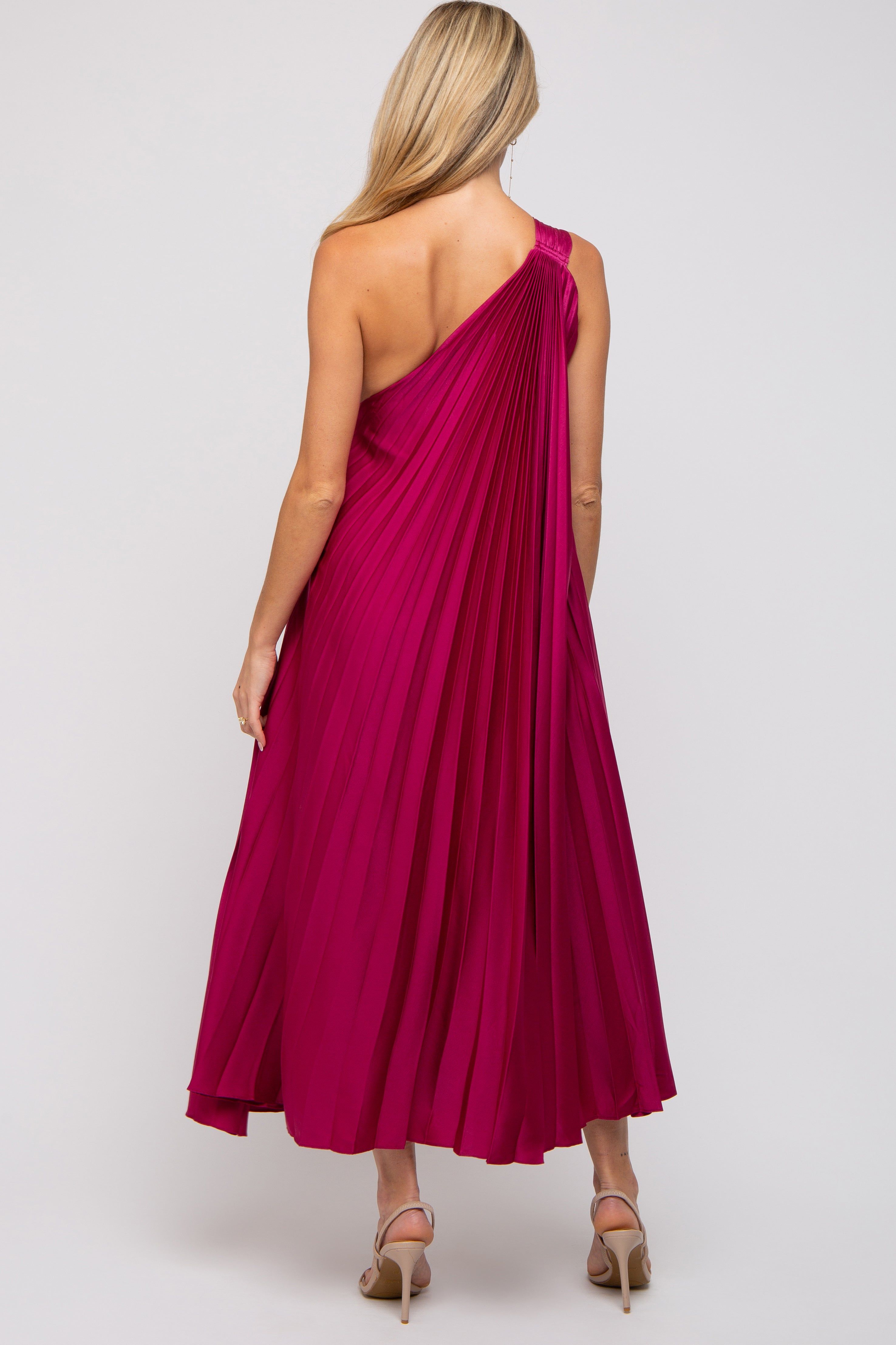 Magenta Satin Pleated One Shoulder Maternity Midi Dress sold by Pinkblush product image thumbnail 2